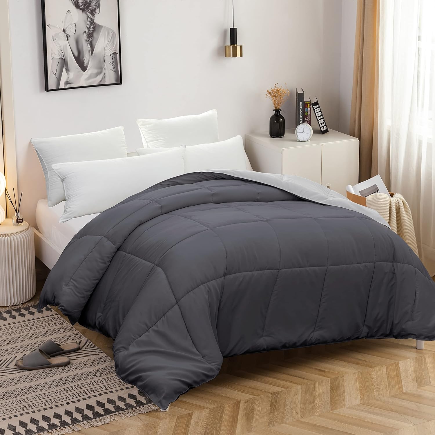 AYSW Two-Tone Winter Warm Duvet 450g/m² Thick 200x200cm Hypoallergenic Dark Grey + Light Grey Reversible Bed Duvet 2 Person Comforter 4