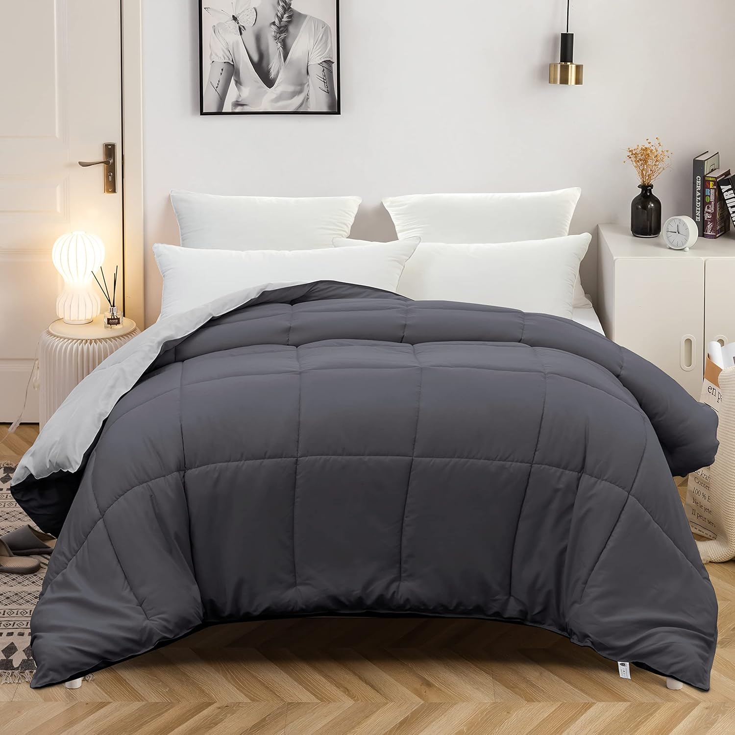 AYSW Two-Tone Winter Warm Duvet 450g/m² Thick 200x200cm Hypoallergenic Dark Grey + Light Grey Reversible Bed Duvet 2 Person Comforter 2