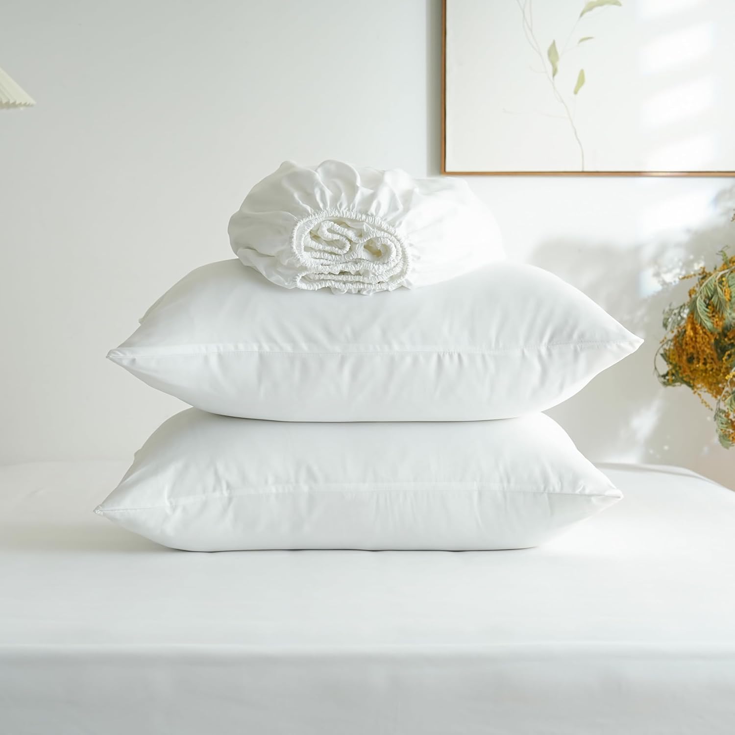 AYSW Fitted Sheet Set King Size 16" Deep Pocket with 1 Bedsheet and 2 Pillowcases Brushed Microfiber White 3