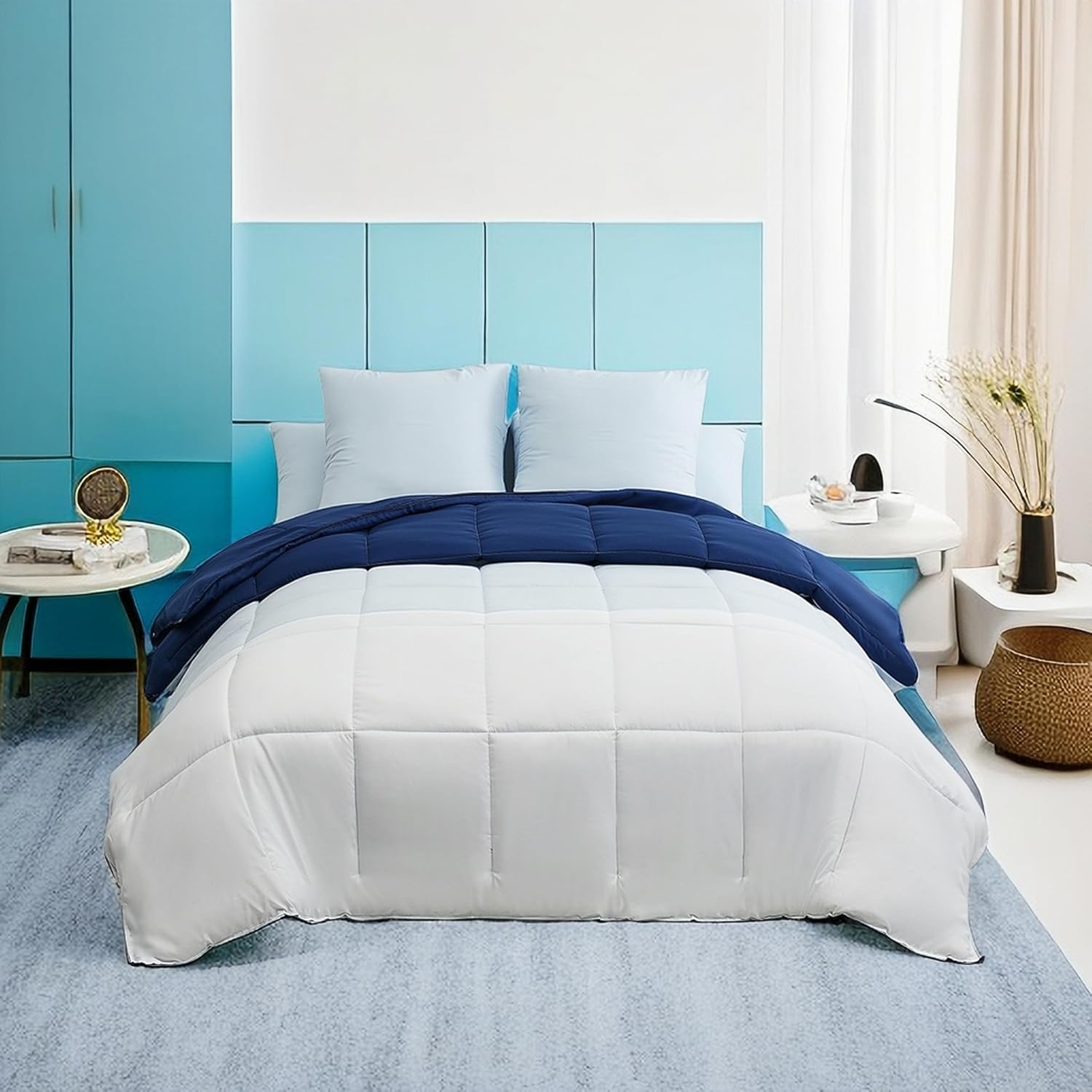 Winter Duvet 200x200cm Quilted Duvet antiallergic for allergy sufferers 100% Microfibre 4 Seasons Duvet Navy Blue/Sky Blue/White 2