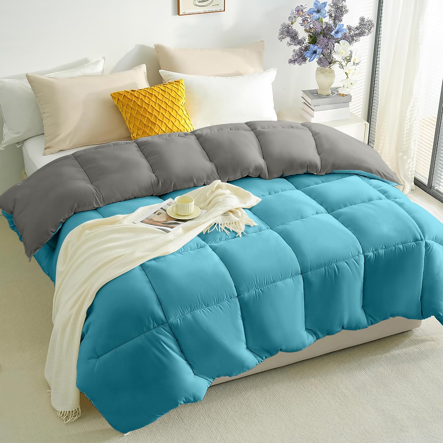 Warm Double Coverless Duvet 10.5 Tog Comforter and Anti Allergy All Season Grey and Teal NO Pillowcases Only Quilt 10.5 Tog Duvet 2