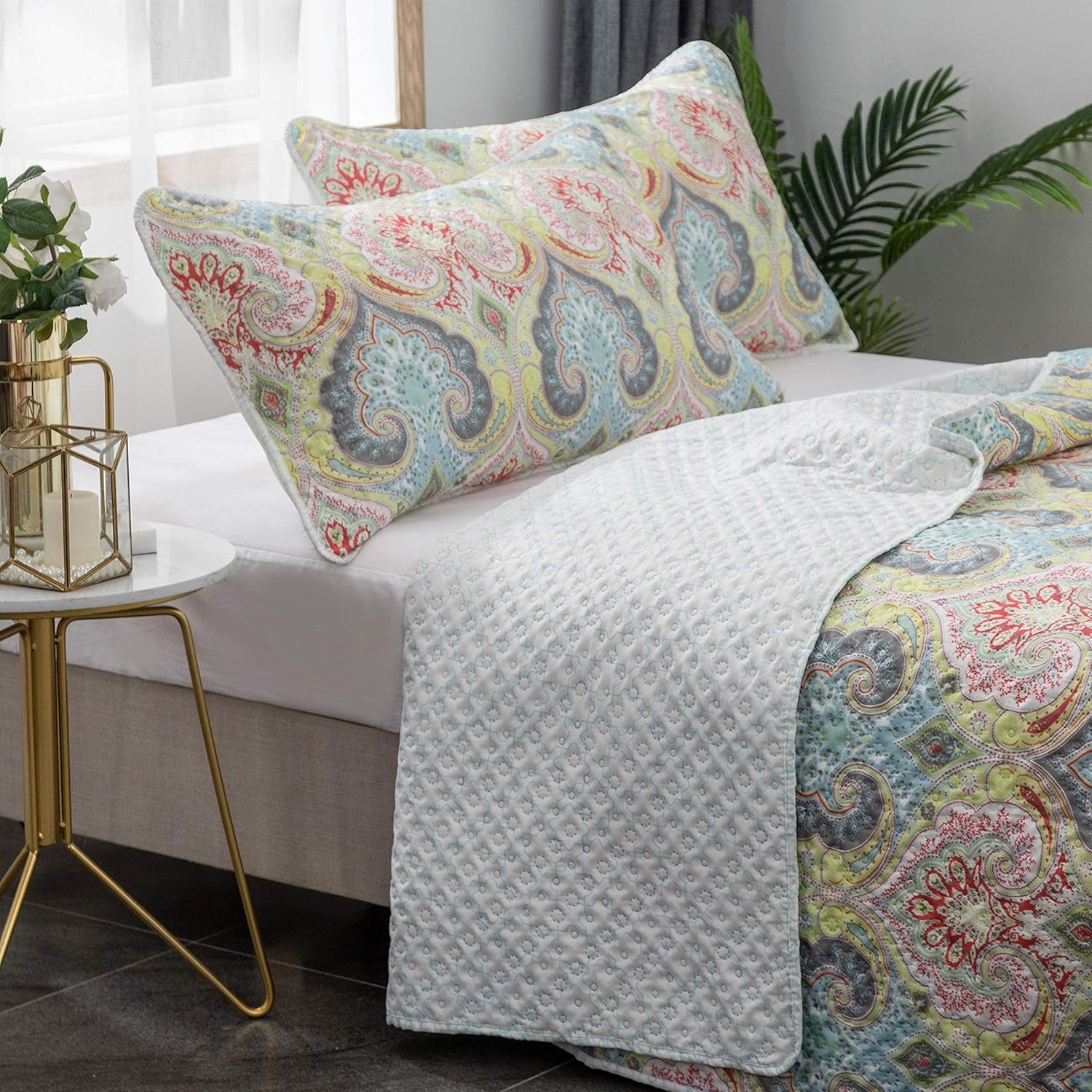 Bedspread Coverlet Set Oversize Queen Printed Pattern Pinsonic Style for All Season Use Lightweight Reversible Quilt Machine Washable King 3