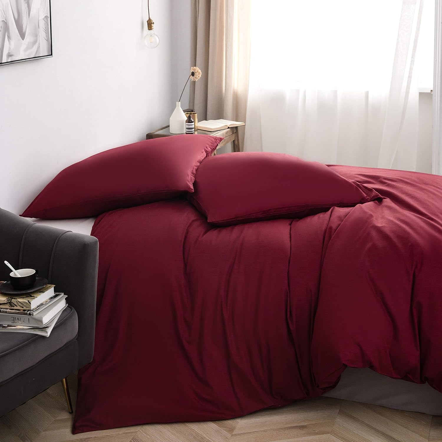Cotton Bedding 200x200 cm Burgundy 3-piece Set 1 duvet cover with 2 pillowcase 80x80 cm 4
