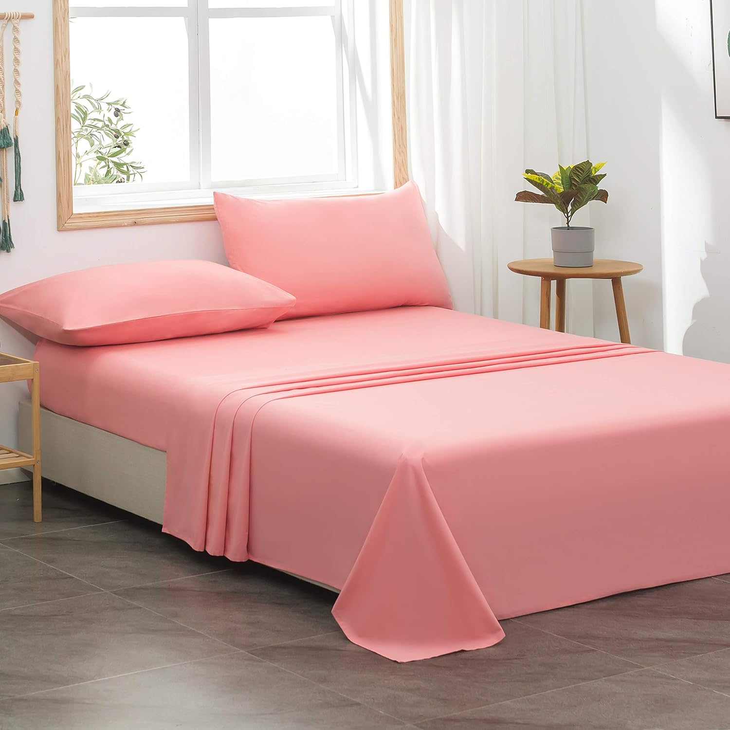 AYSW 300-Thread-Count 100% Cotton Sheet Set Pink Coral Queen 4-Piece Natural Cotton Luxury Bedding Sheets for Bed Breathable Soft & Silky Tight Woven Fits Mattress up to 16'' Deep Pocket 4