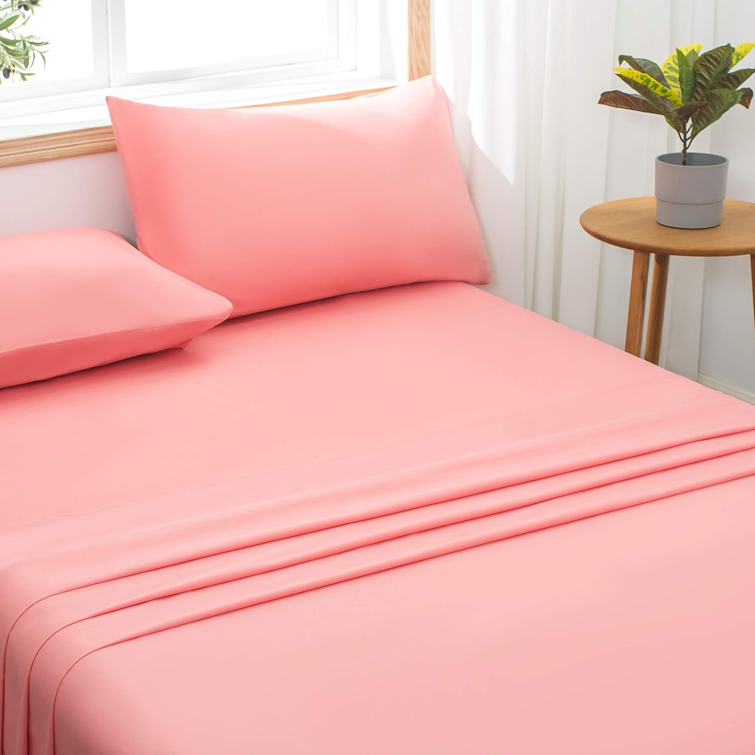 AYSW Bed Sheet Set Pink Cotton 300 Thread Count 4 Pieces Thick and Breathable, Durable and Machine Washable Full Size 7