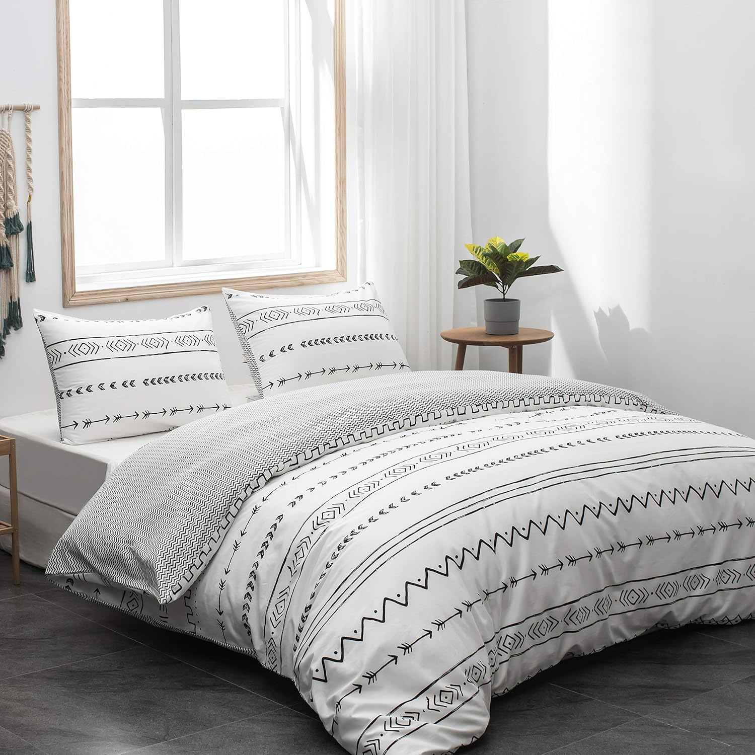 AYSW Duvet Cover Set Cotton Queen 3 Pieces Luxury Bedding White Bohemian Style Ultra Soft, Breathable and Durable Classical Printed Pattern with 4 Corner Ties 8