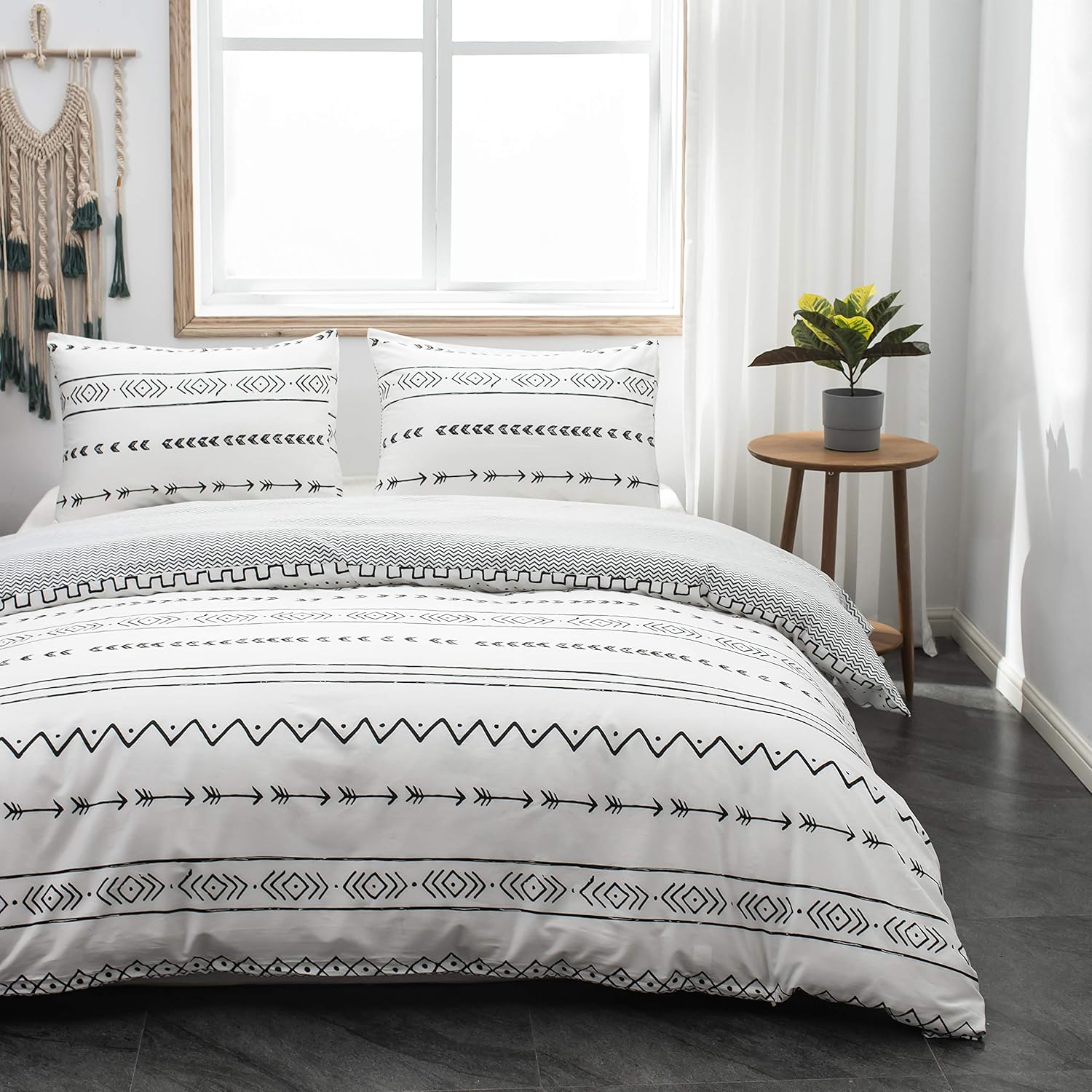 AYSW Duvet Cover Set Cotton Queen 3 Pieces Luxury Bedding White Bohemian Style Ultra Soft, Breathable and Durable Classical Printed Pattern with 4 Corner Ties 2
