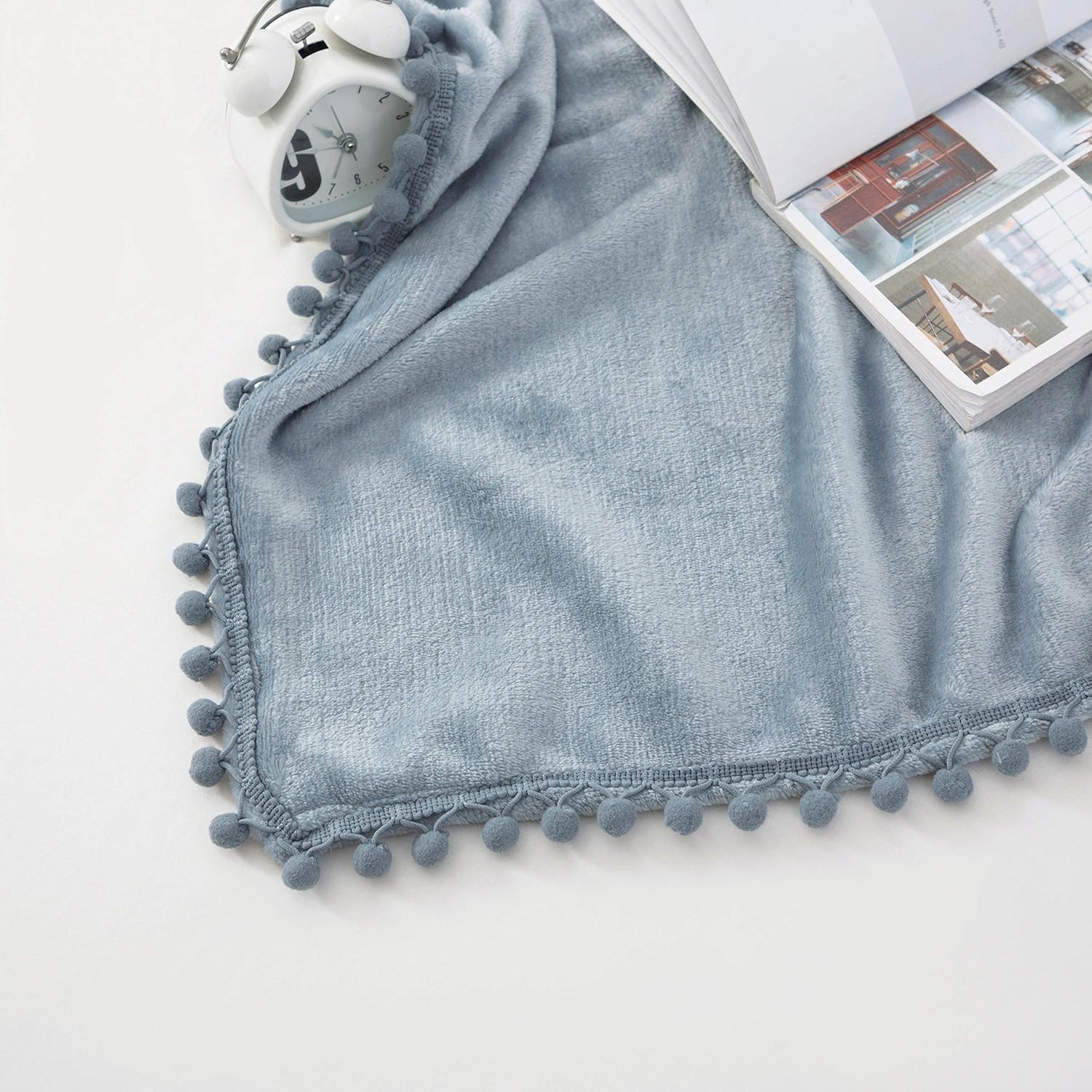 AYSW Flannel Blanket Twin Size Gray Super Soft with Decorative Pompom Balls 300 GSM Ultra Warm and Fluffy Multifunction Blanket for Couch Bed Seat Travel 4