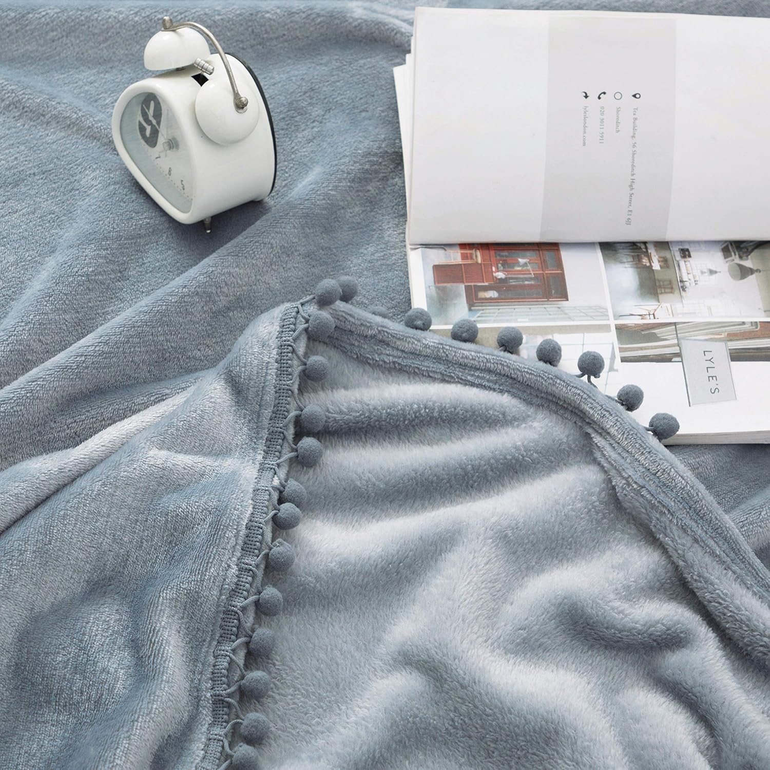 AYSW Flannel Blanket Twin Size Gray Super Soft with Decorative Pompom Balls 300 GSM Ultra Warm and Fluffy Multifunction Blanket for Couch Bed Seat Travel 3