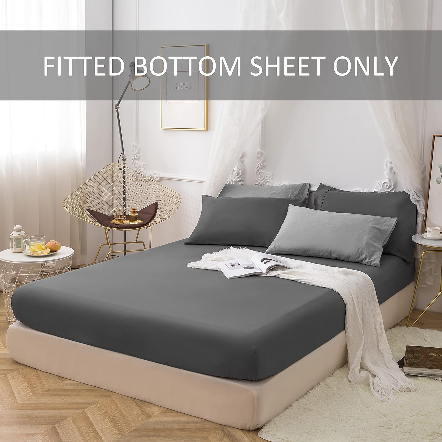 Fitted Bottom Sheet Only Premium 1800 Ultra-Soft Fade Resistant Brushed Microfiber Deep Pocket Full Gray 3