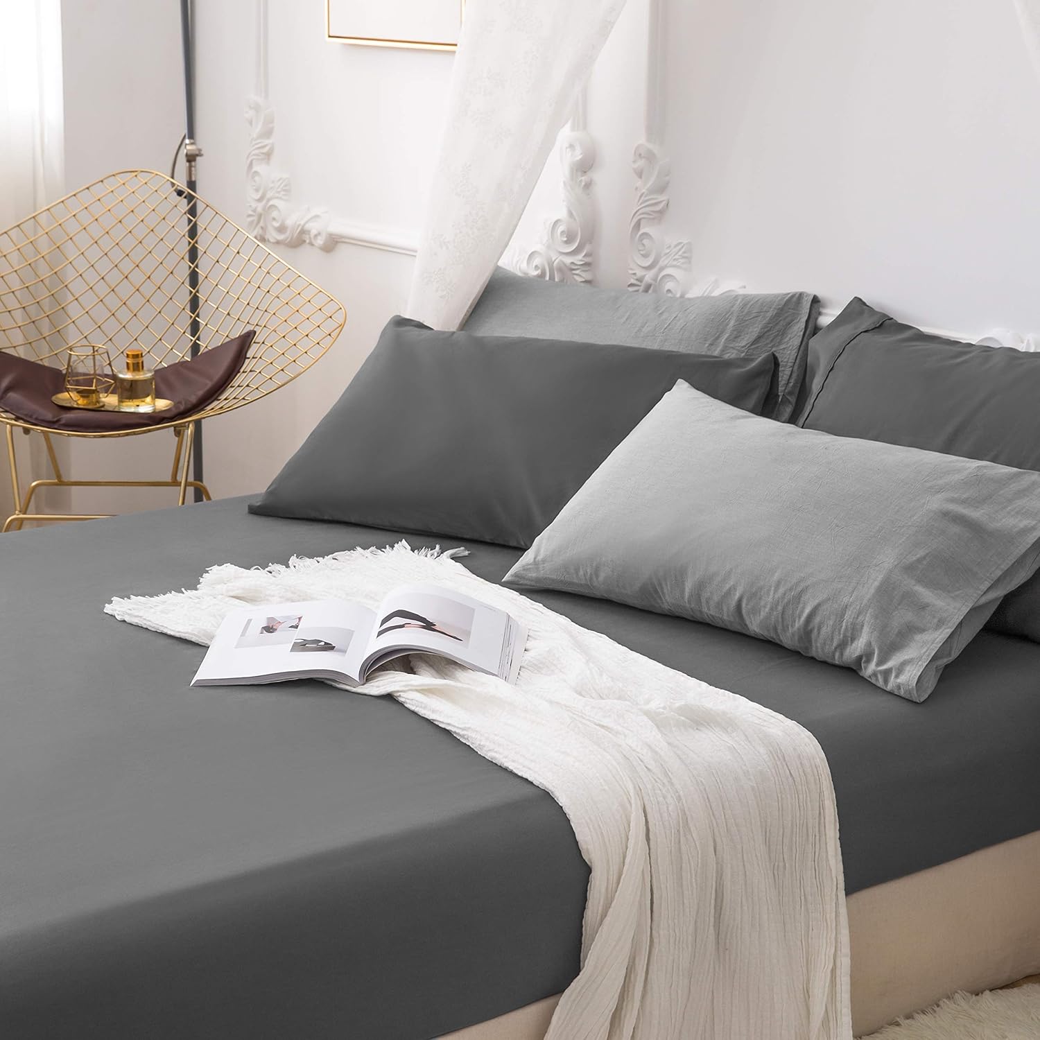 Fitted Bottom Sheet Only Premium 1800 Ultra-Soft Fade Resistant Brushed Microfiber Deep Pocket Full Gray 4