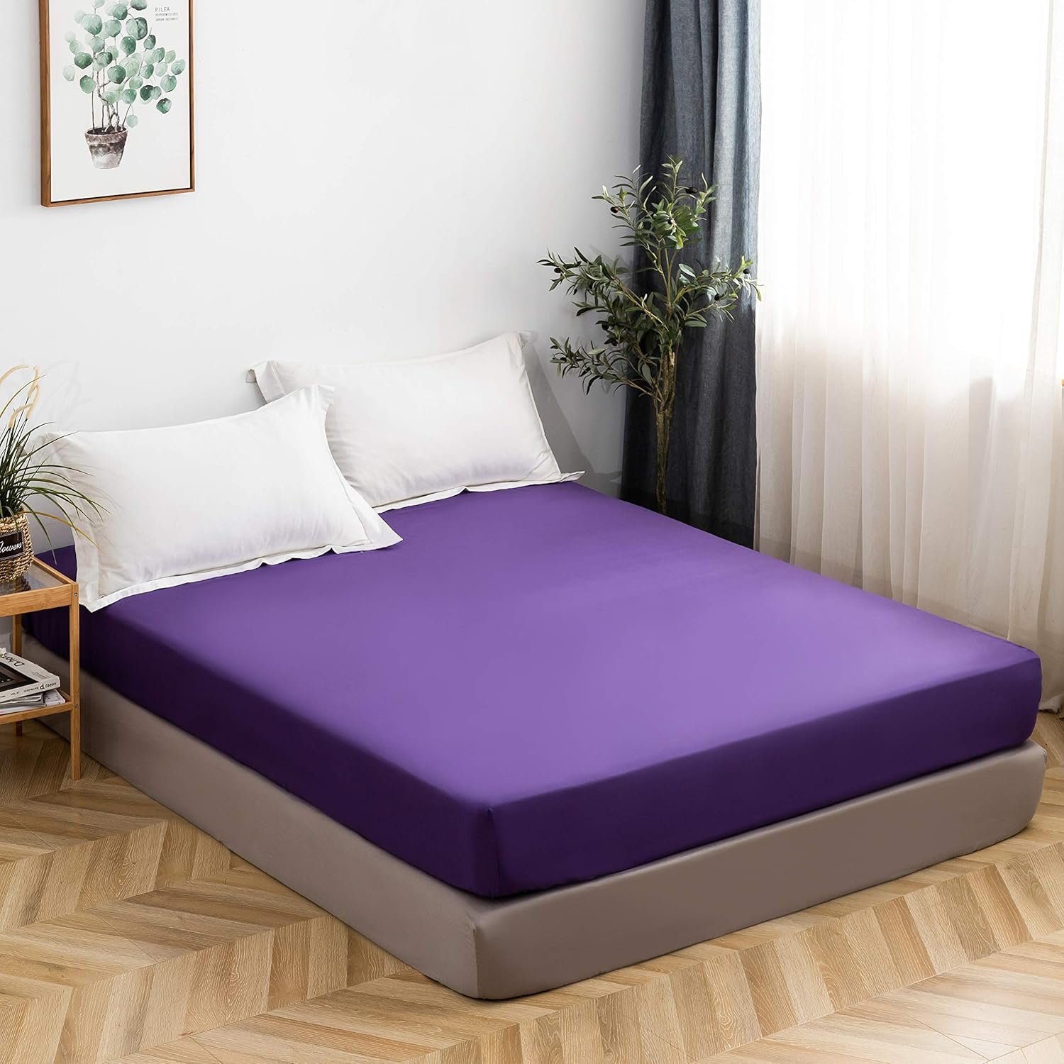 Fitted Bottom Sheet Only Premium 1809 Ultra-Soft Fade Resistant Brushed Microfiber Deep Pocket Full Purple 3
