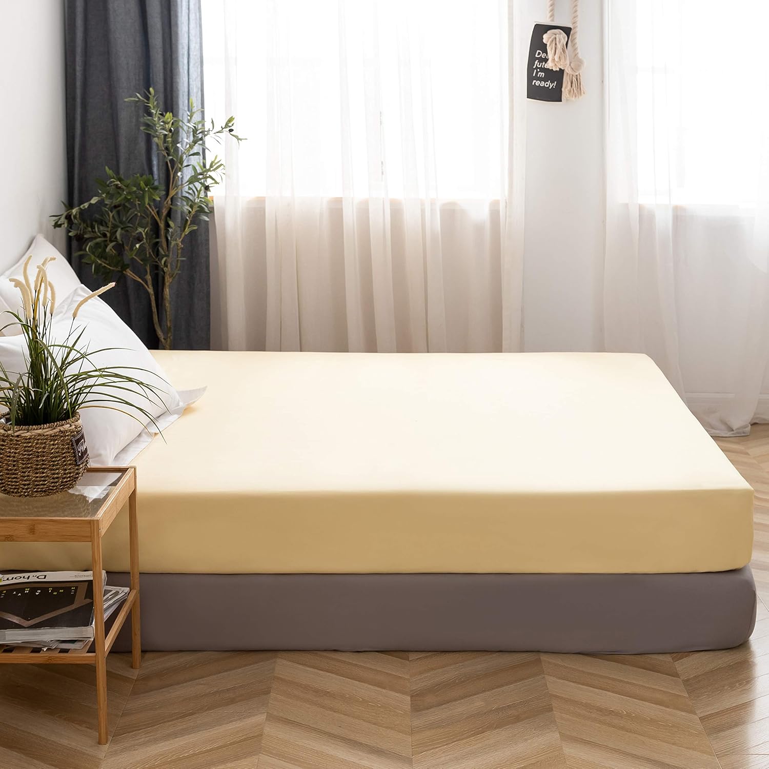 LS Fitted Bottom Sheet Only Premium 1800 Ultra-Soft Fade Resistant Brushed Microfiber Deep Pocket Full Yellow 4
