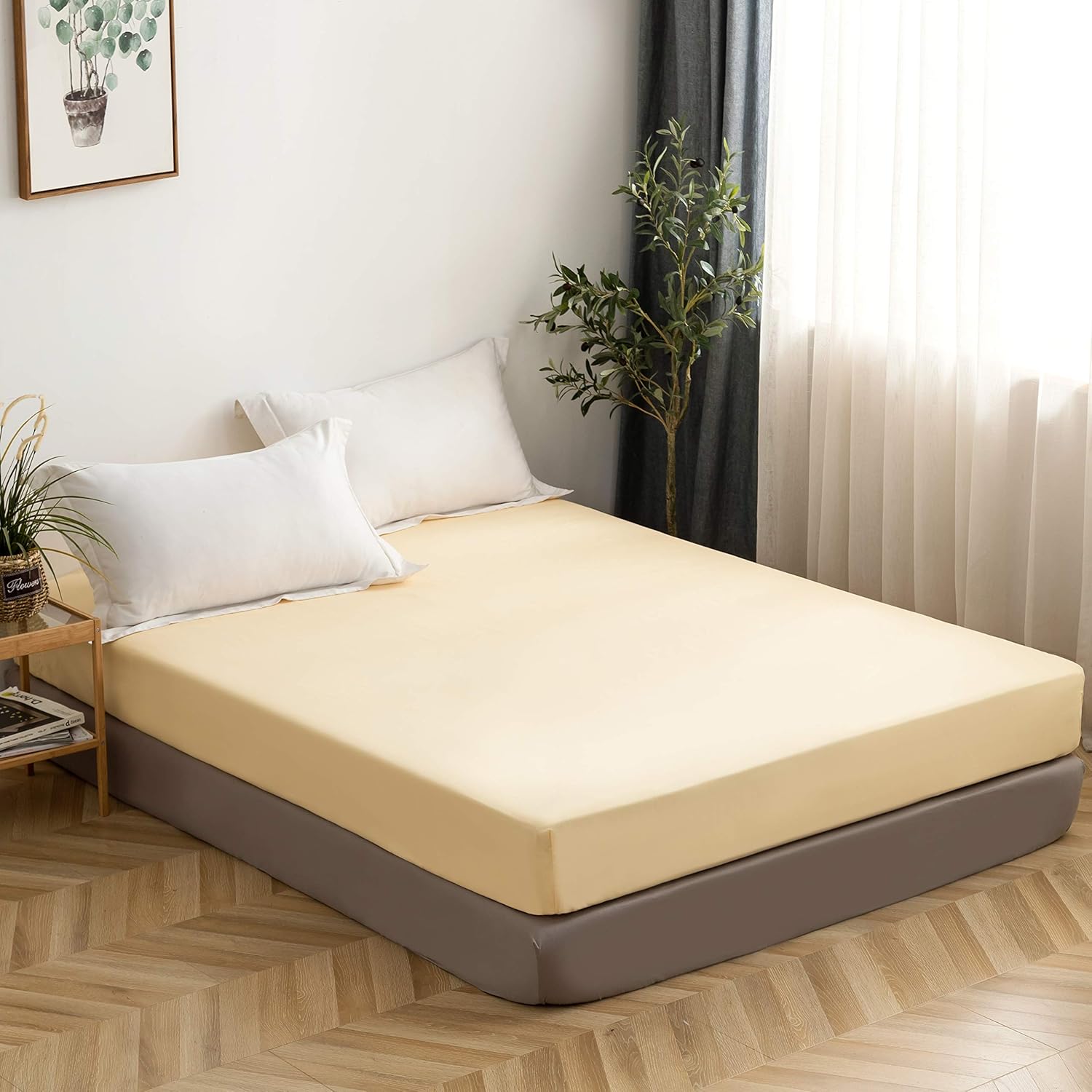 LS Fitted Bottom Sheet Only Premium 1800 Ultra-Soft Fade Resistant Brushed Microfiber Deep Pocket Full Yellow 3