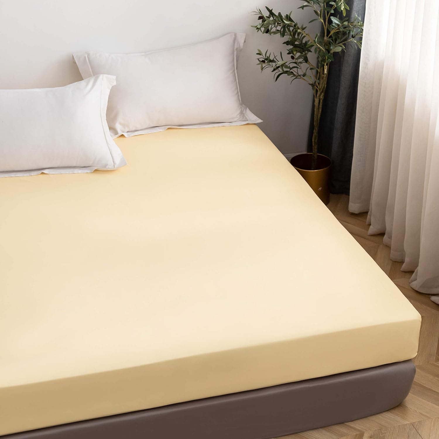 LS Fitted Bottom Sheet Only Premium 1800 Ultra-Soft Fade Resistant Brushed Microfiber Deep Pocket Full Yellow 5