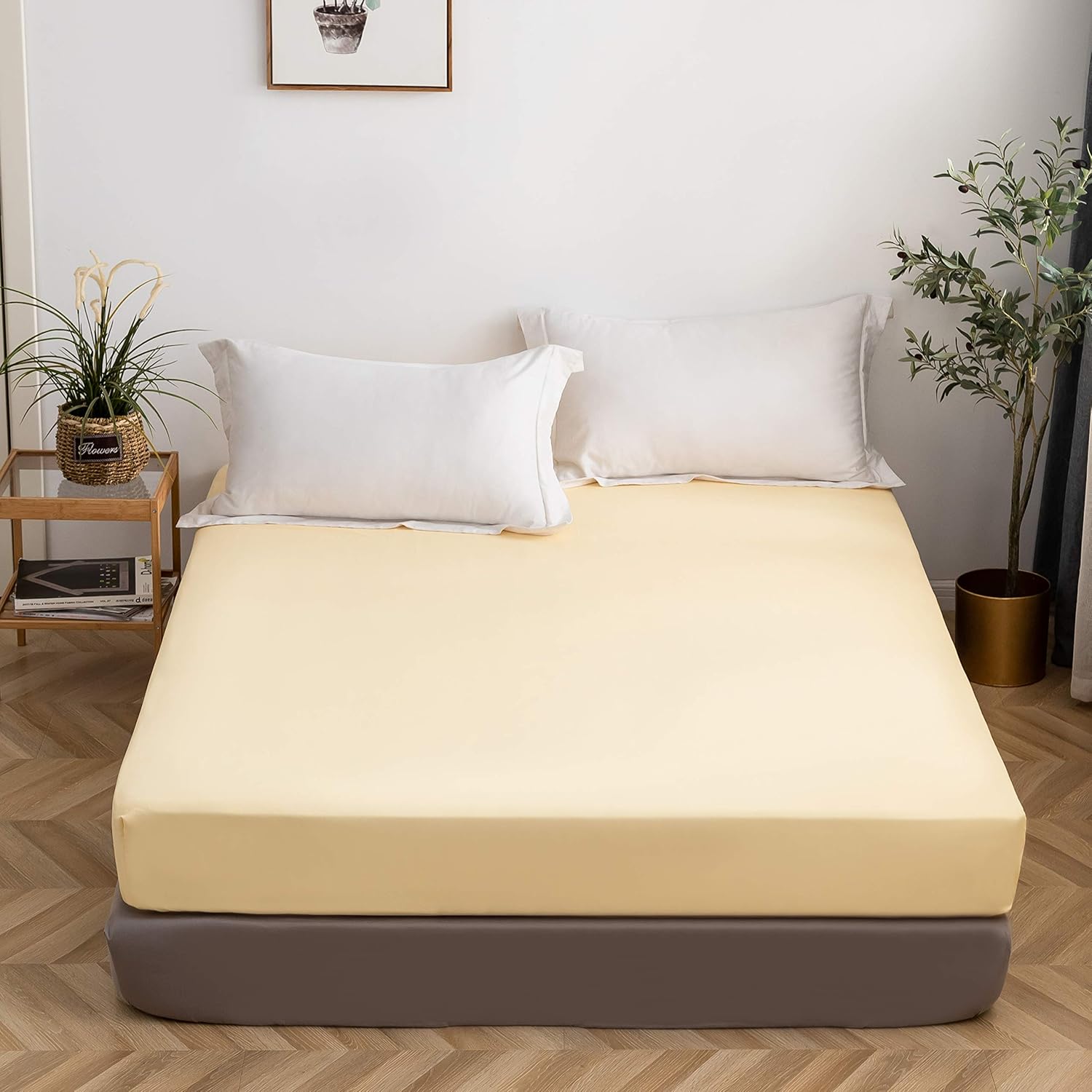 LS Fitted Bottom Sheet Only Premium 1800 Ultra-Soft Fade Resistant Brushed Microfiber Deep Pocket Full Yellow 2