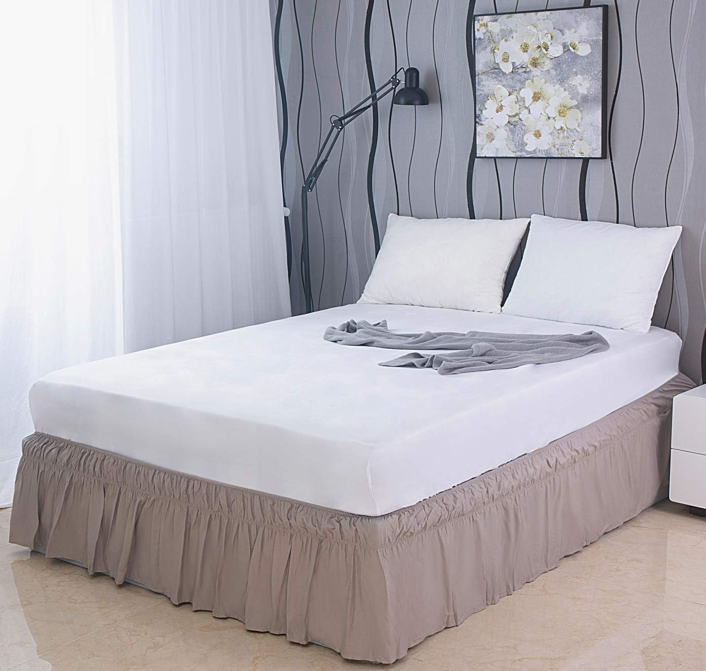AYSW Betthimmel 17-18 Inch Drop Dust Ruffle Drei Stoffseiten mit Elastik Ohne Oberteil Einfaches Anziehen (Twin, Light Taupe) 5