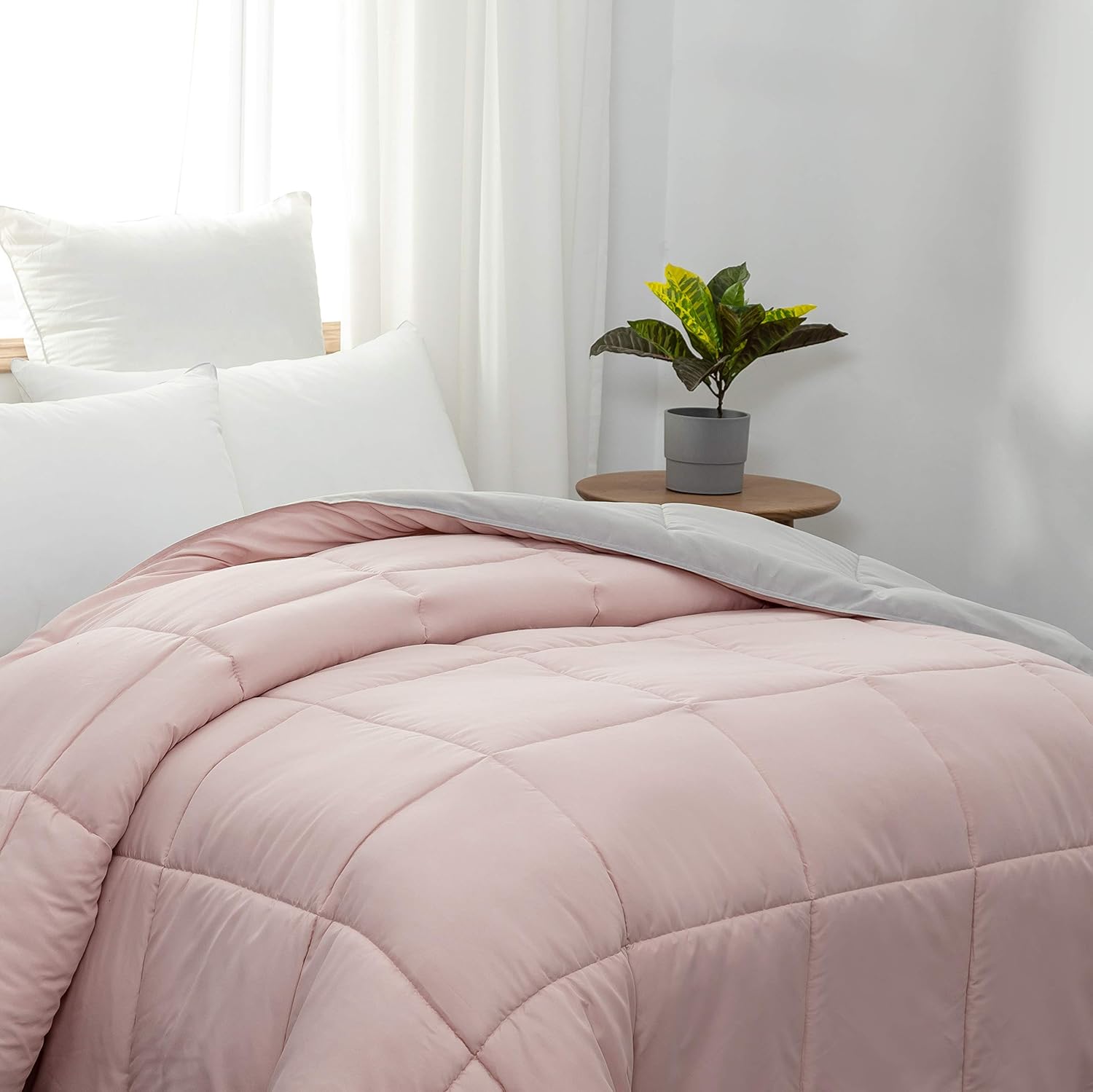 Bettdecke 200x200 cm - Quilted Steppbettdecke antiallergisch für Allergiker 100% Microfaser Ganjahresdecke Bettdecke Double Face Rosa/Rauch 3