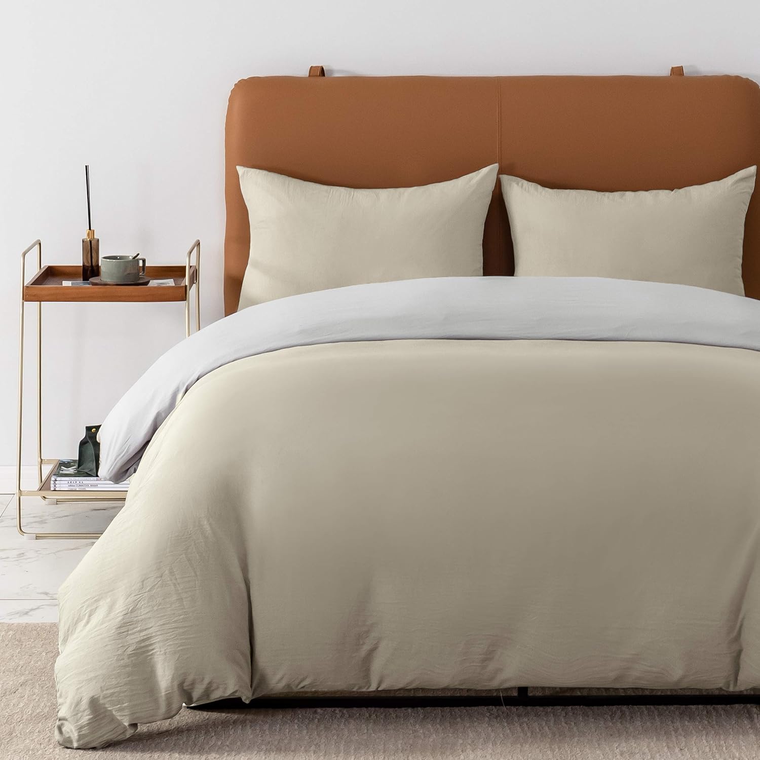 Zippered Duvet Cover Double Set with Zippered Pillowcases Bedding Set 50% Polyester 50% Cotton Beige + Light Grey 2