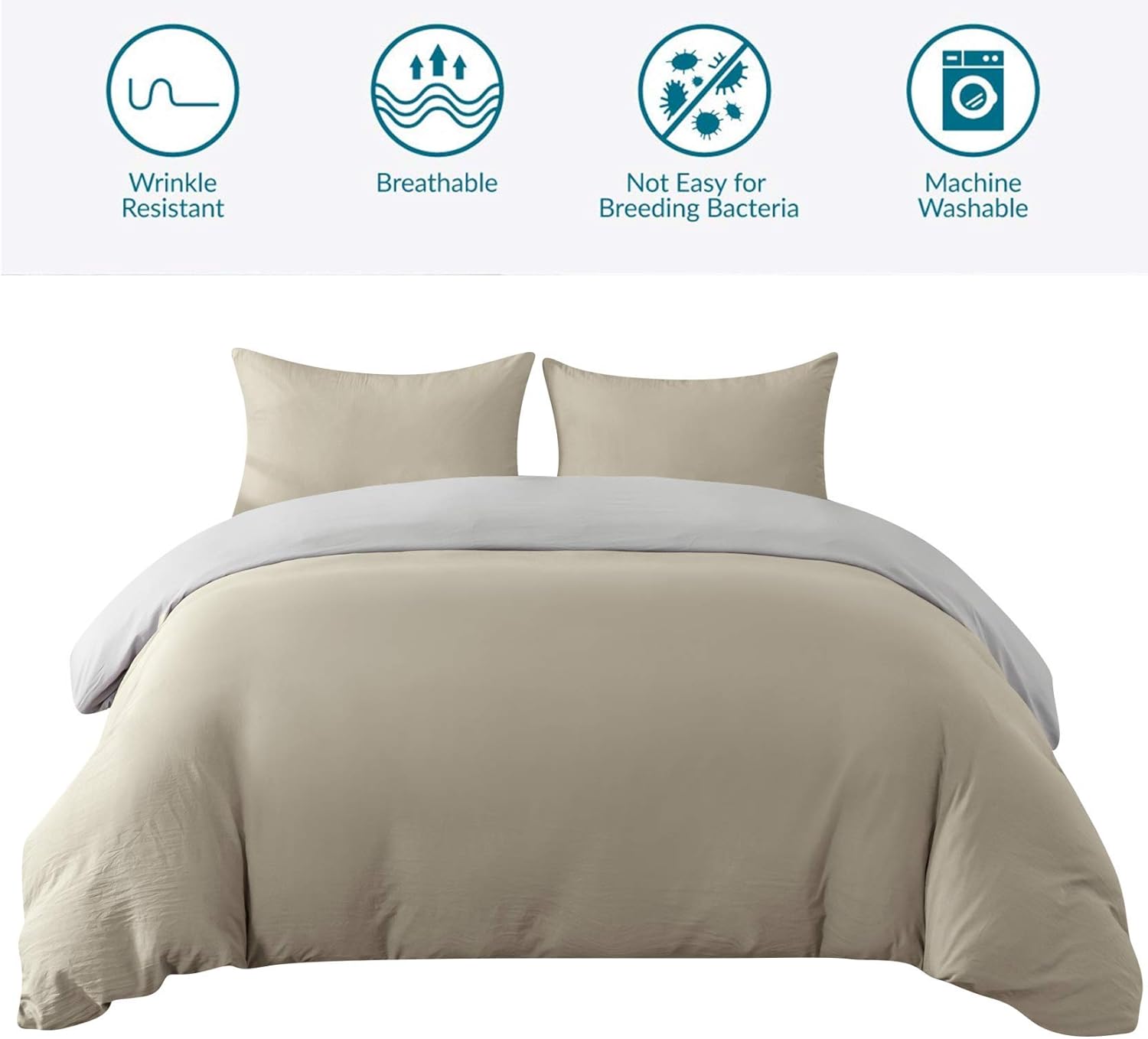 Zippered Duvet Cover Double Set with Zippered Pillowcases Bedding Set 50% Polyester 50% Cotton Beige + Light Grey 3