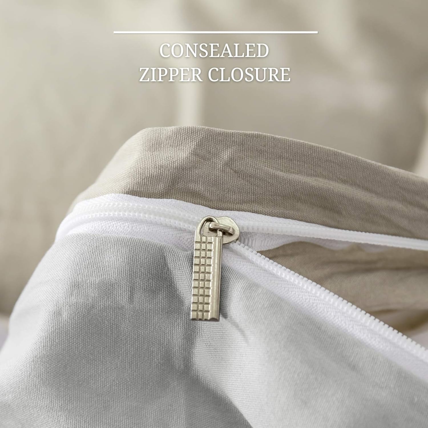 Zippered Duvet Cover Double Set with Zippered Pillowcases Bedding Set 50% Polyester 50% Cotton Beige + Light Grey 5