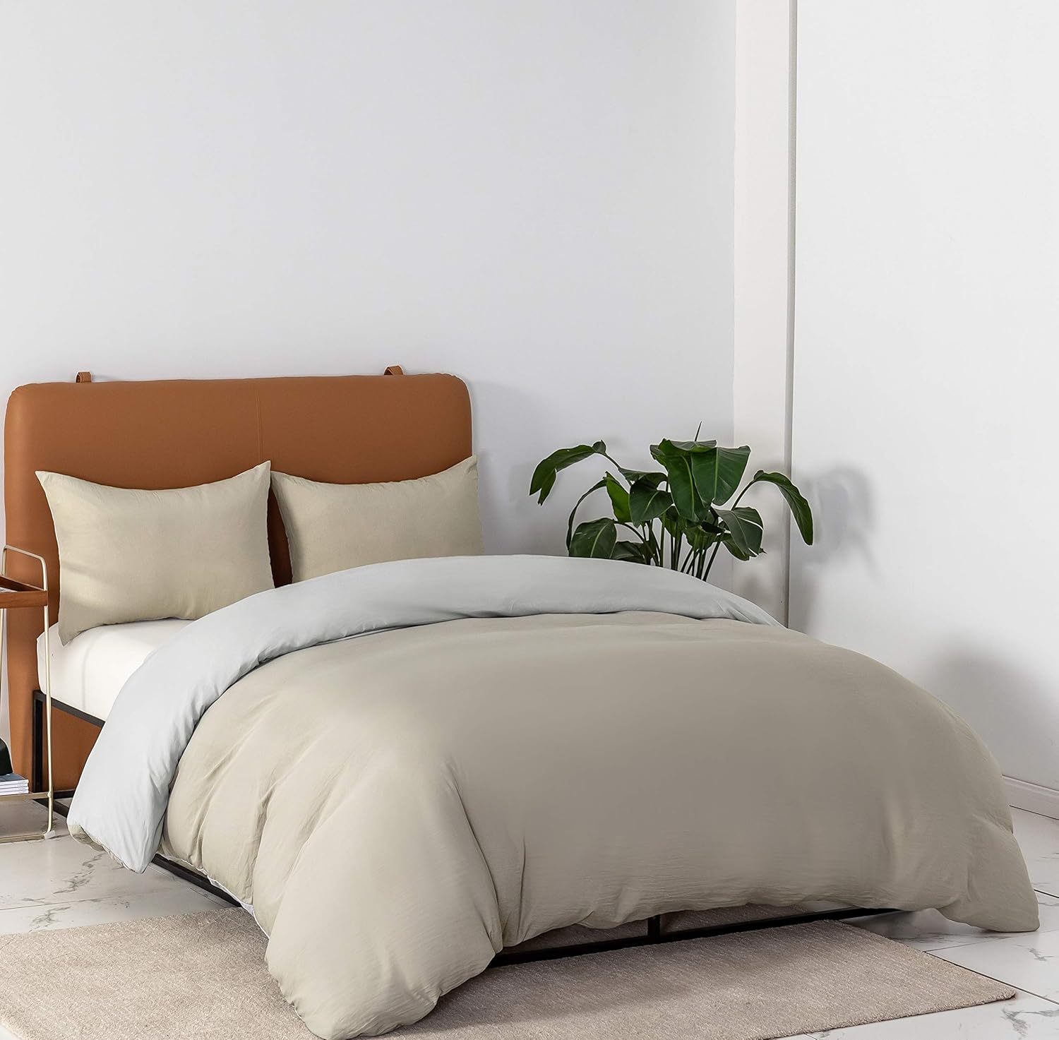 Zippered Duvet Cover Double Set with Zippered Pillowcases Bedding Set 50% Polyester 50% Cotton Beige + Light Grey 7