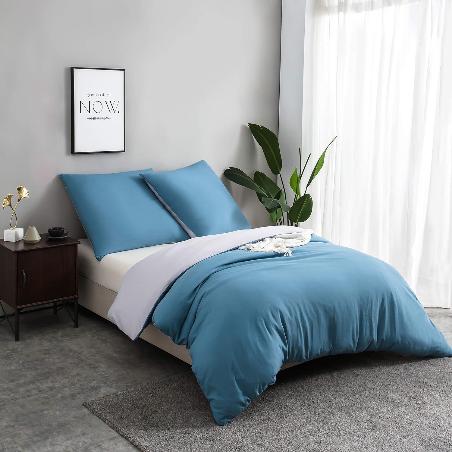 2-piece Bedding 50% Cotton with Zipper - 135x200cm and 80x80cm Pillowcase | Blue/light grey 2