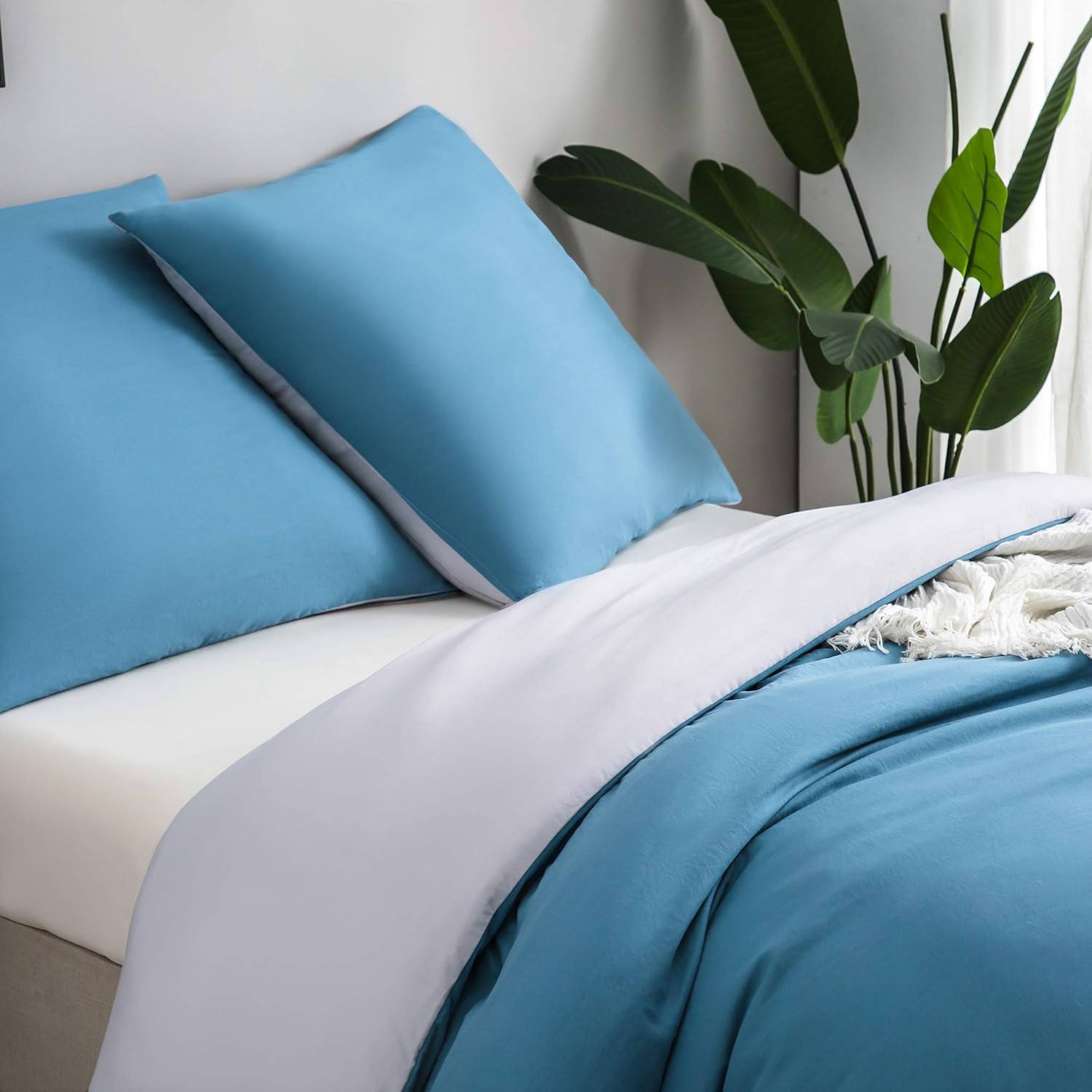 2-piece Bedding 50% Cotton with Zipper - 135x200cm and 80x80cm Pillowcase | Blue/light grey 3