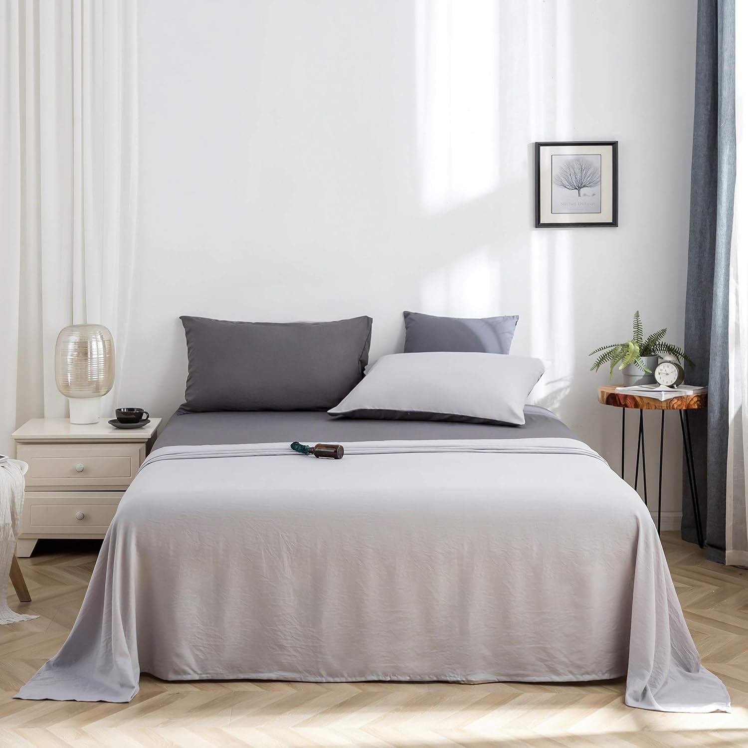 Bed Sheet Set Queen 4 Pieces Size 50% Cotton Washed Microfiber Super Soft and Breathable Bedding Comfortable Hypoallergenic Resistant Fade Wrinkle Resistant Light Gray/Dark Gray 5