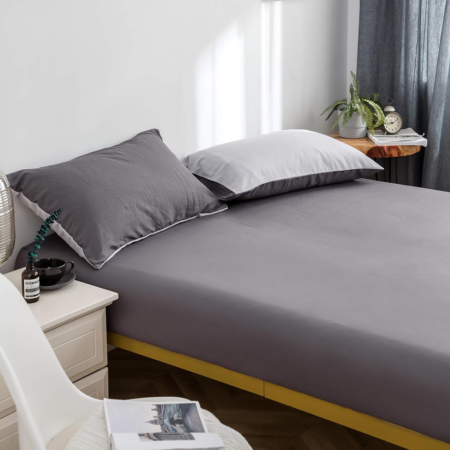 Bed Sheet Set Queen 4 Pieces Size 50% Cotton Washed Microfiber Super Soft and Breathable Bedding Comfortable Hypoallergenic Resistant Fade Wrinkle Resistant Light Gray/Dark Gray 2