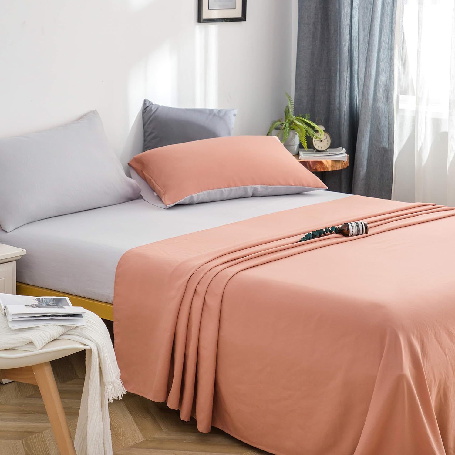 AYSW Bed Sheet Set Queen 4 Pieces Size 50% Cotton Washed Microfiber Super Soft and Breathable Bedding Comfortable Hypoallergenic Resistant Fade Wrinkle Resistant Vintage Pink/Gray 2