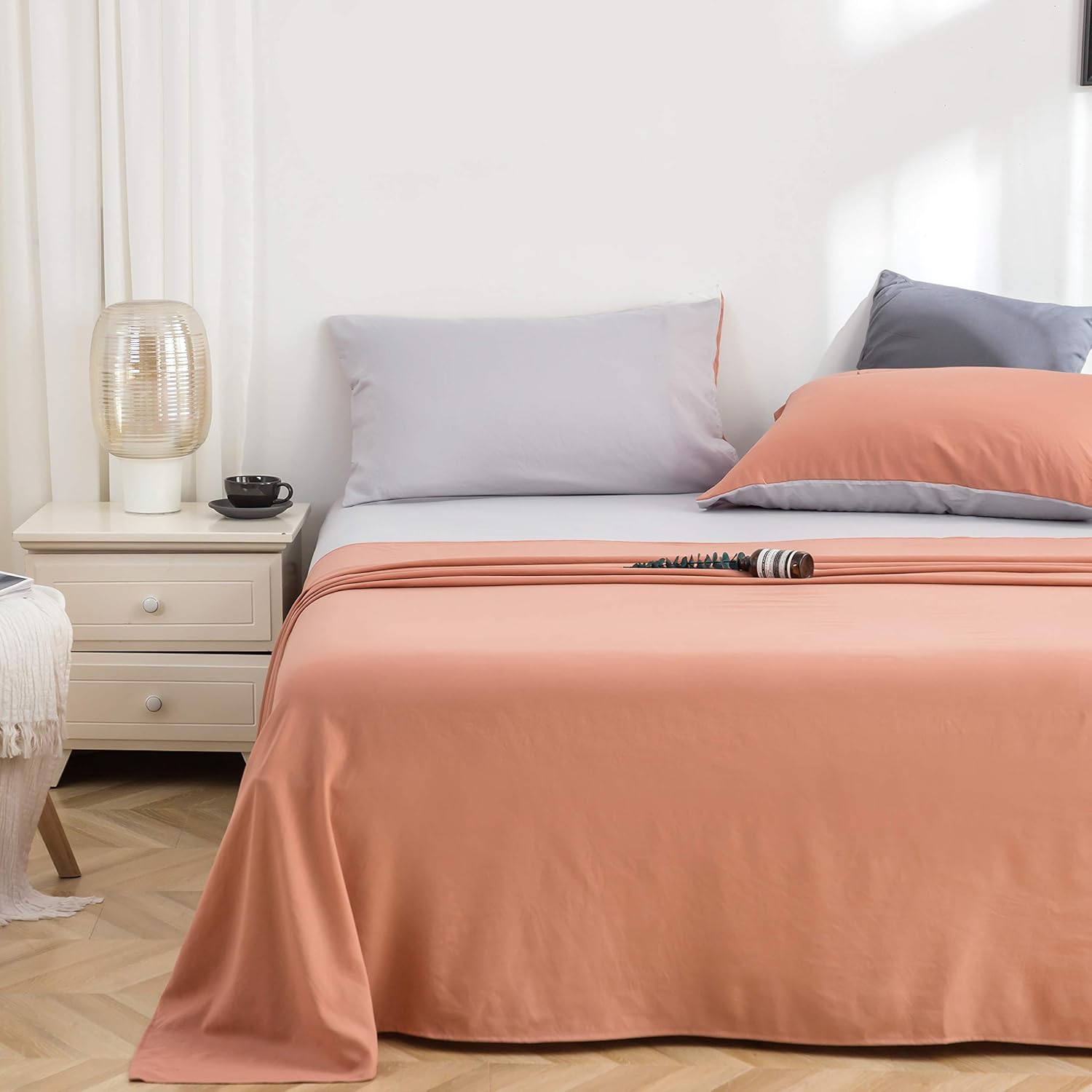 AYSW Bed Sheet Set Queen 4 Pieces Size 50% Cotton Washed Microfiber Super Soft and Breathable Bedding Comfortable Hypoallergenic Resistant Fade Wrinkle Resistant Vintage Pink/Gray 4