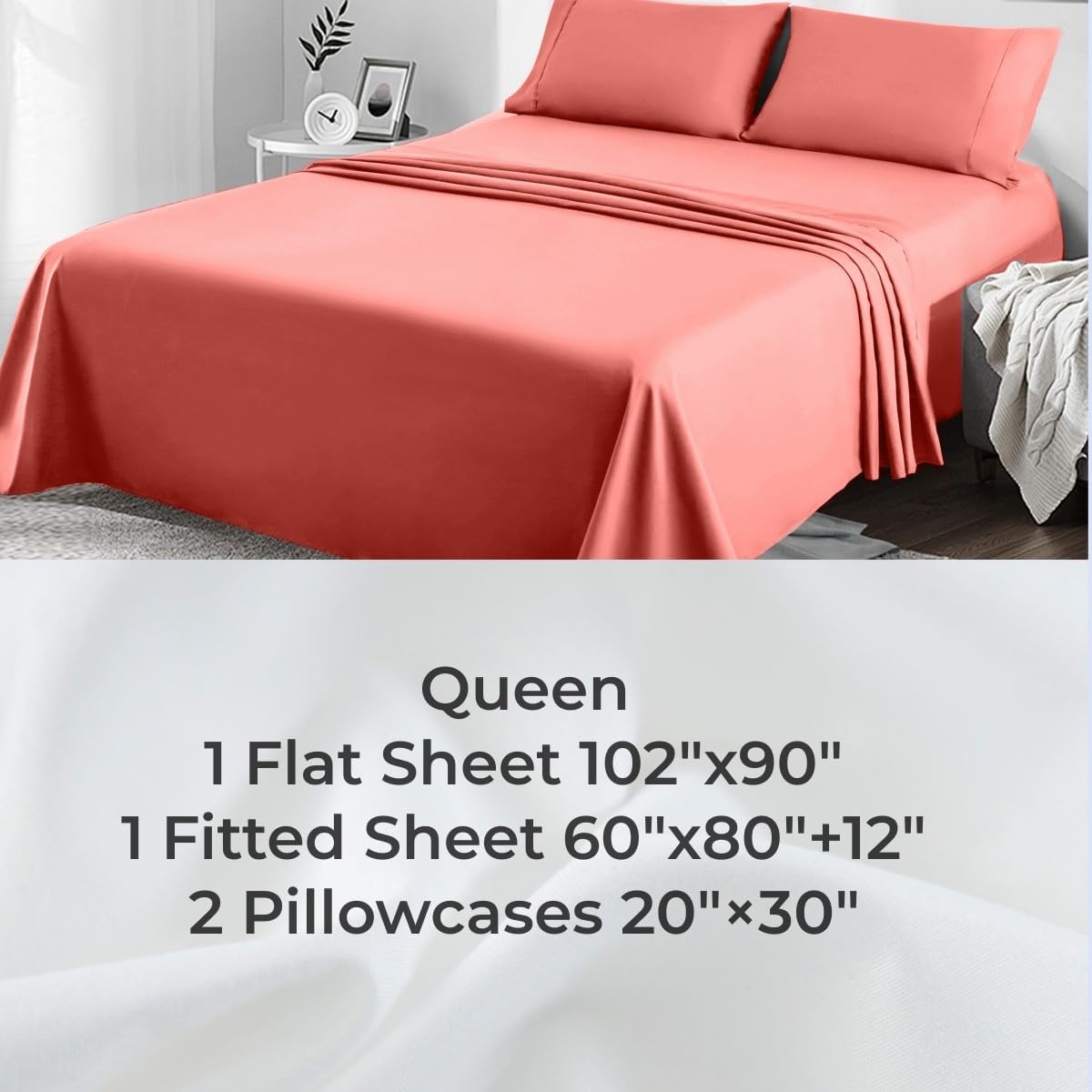 AYSW Queen Size Bed Sheet Set 4 Pieces - Double Brushed Microfiber - Soft Breathable and Fade Resistant - Coral 3