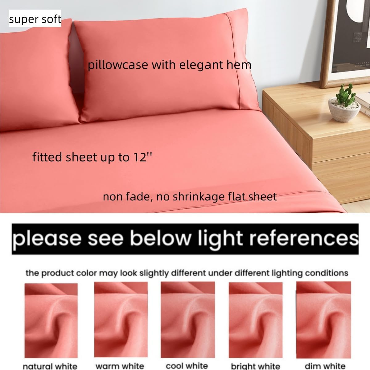 AYSW Queen Size Bed Sheet Set 4 Pieces - Double Brushed Microfiber - Soft Breathable and Fade Resistant - Coral 2