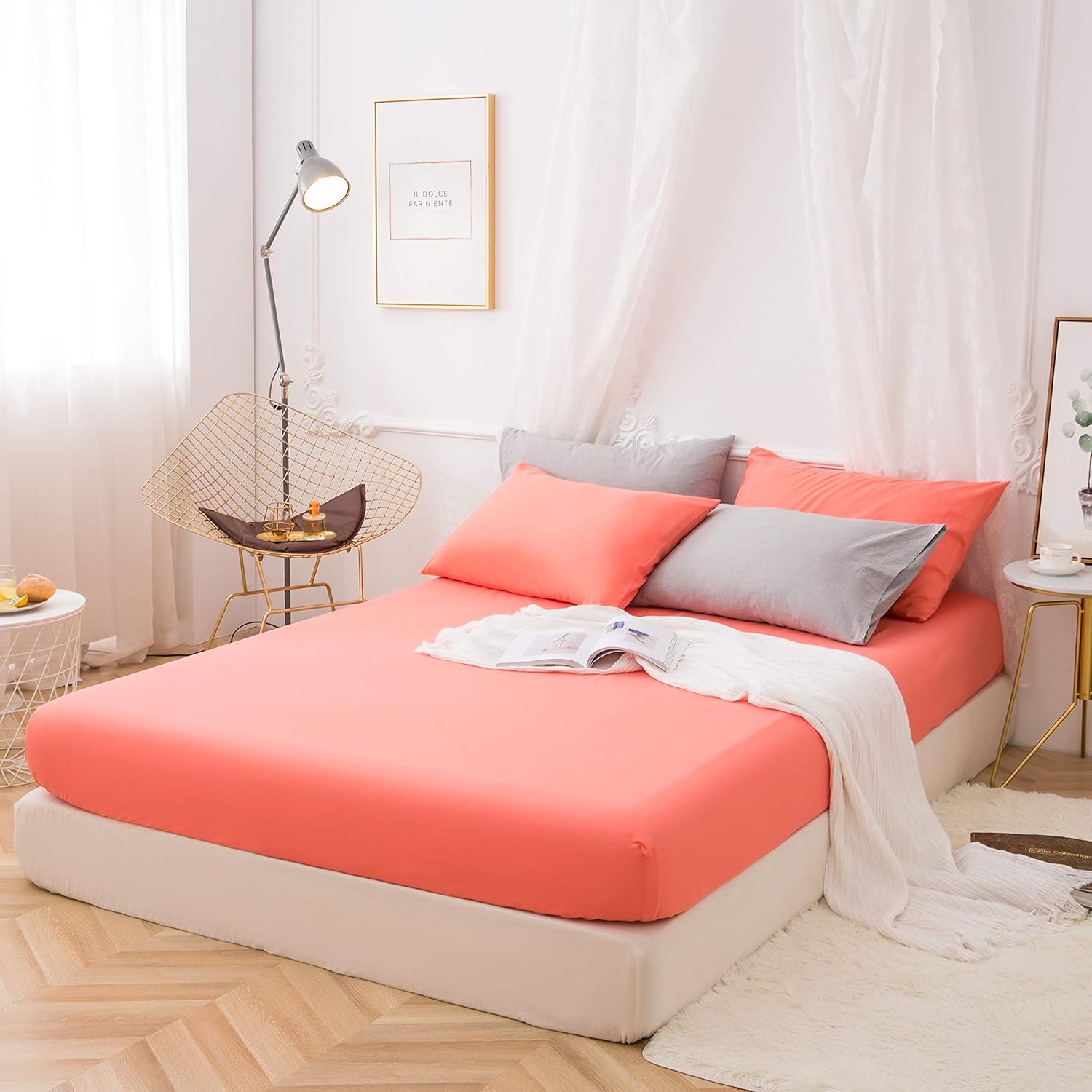 LS Fitted Bottom Sheet Only Premium 1800 Ultra-Soft Fade Resistant Brushed Microfiber Deep Pocket King Coral 3