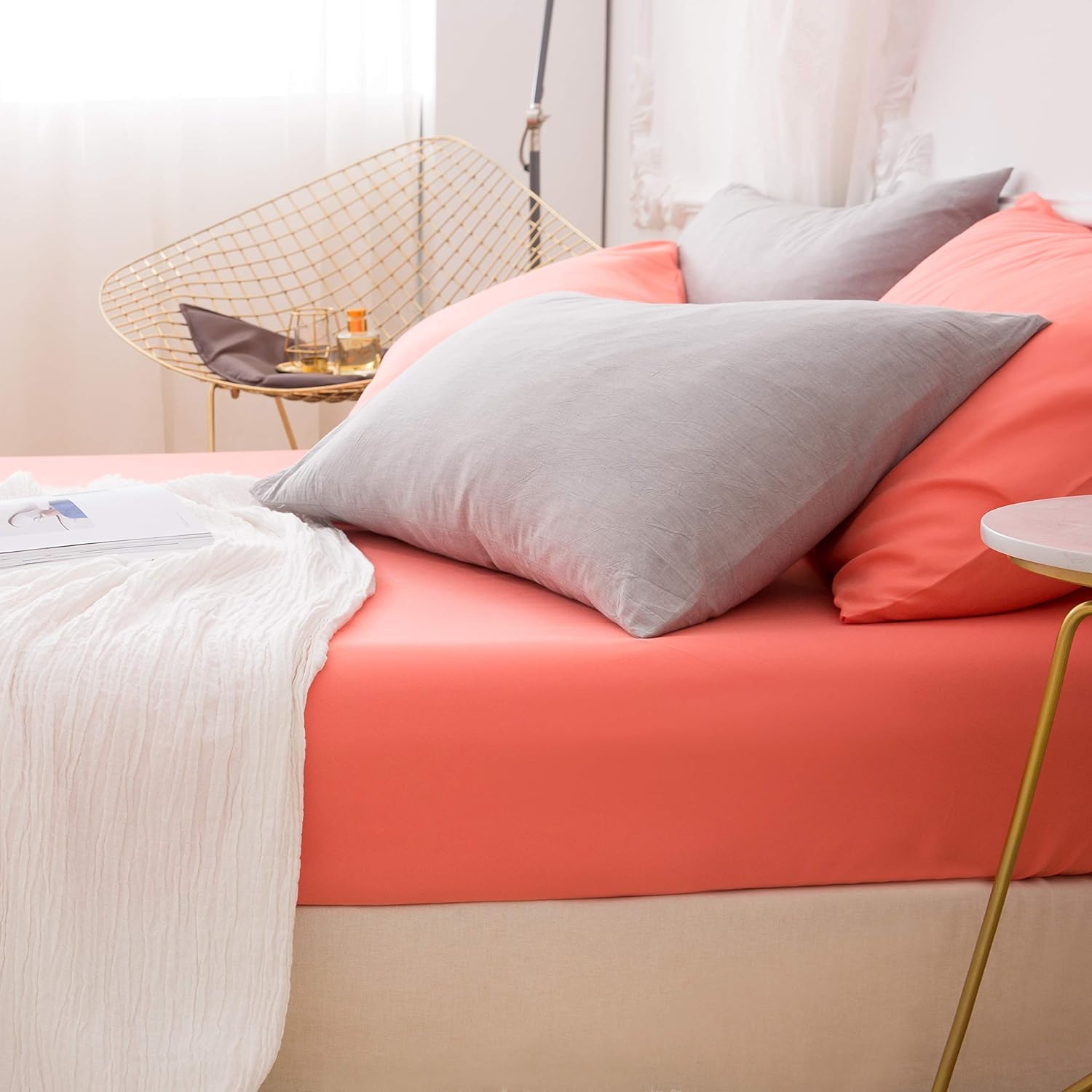 LS Fitted Bottom Sheet Only Premium 1800 Ultra-Soft Fade Resistant Brushed Microfiber Deep Pocket King Coral 8