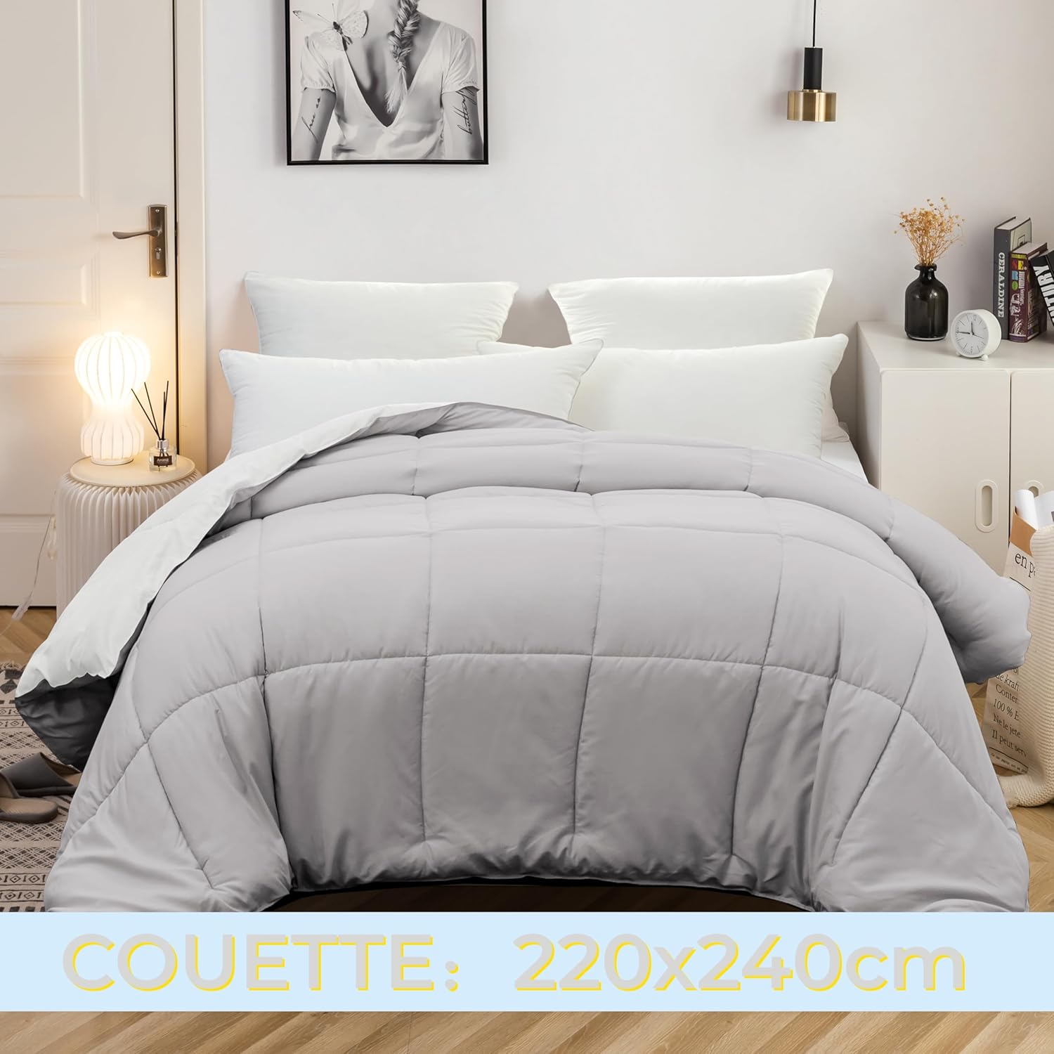 AYSW Two-Tone Duvet Warm in winter 450g/m² Thick 220x240cm Hypoallergenic Light Grey + White Reversible Bed Duvet 2 Person Comforter 3