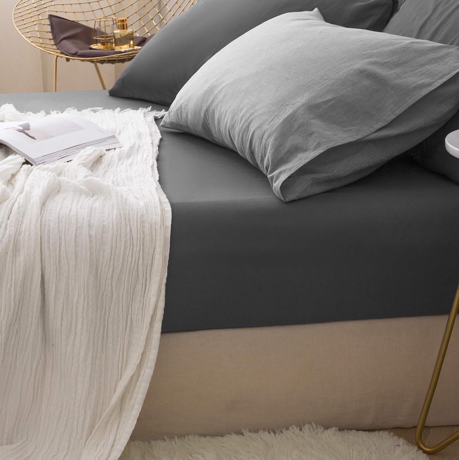 LS Fitted Bottom Sheet Only Premium 1800 Ultra-Soft Fade Resistant Brushed Microfiber Deep Pocket King Gray 5