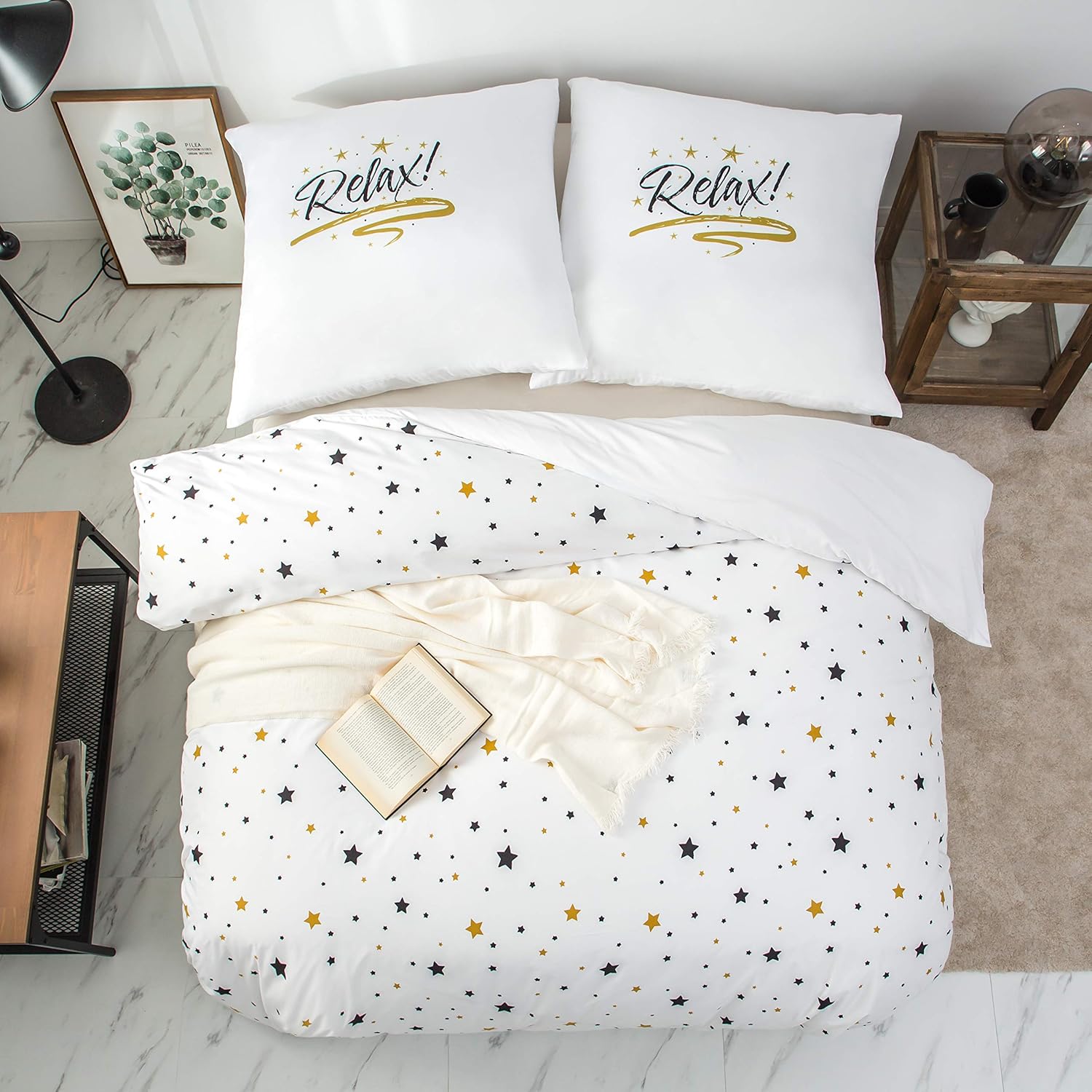 Bed linen 200 x 200cm Super Soft Microfiber Duvet Cover 200x200cm with Two 80x80cm White Star 4