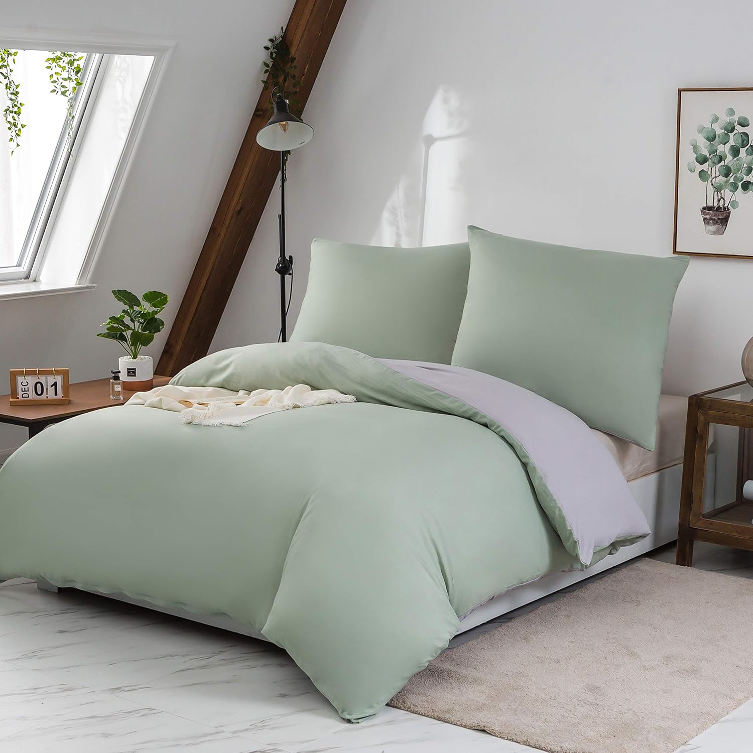 AYSW Reversible Duvet Cover 200x200 / 80x80x2 cm Green + Grey Two-Tone Bedding Set for 2 Persons Zipper Duvet Cover Sets 3