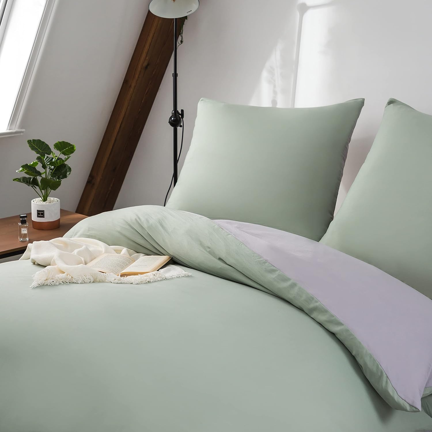 AYSW Reversible Duvet Cover 200x200 / 80x80x2 cm Green + Grey Two-Tone Bedding Set for 2 Persons Zipper Duvet Cover Sets 4
