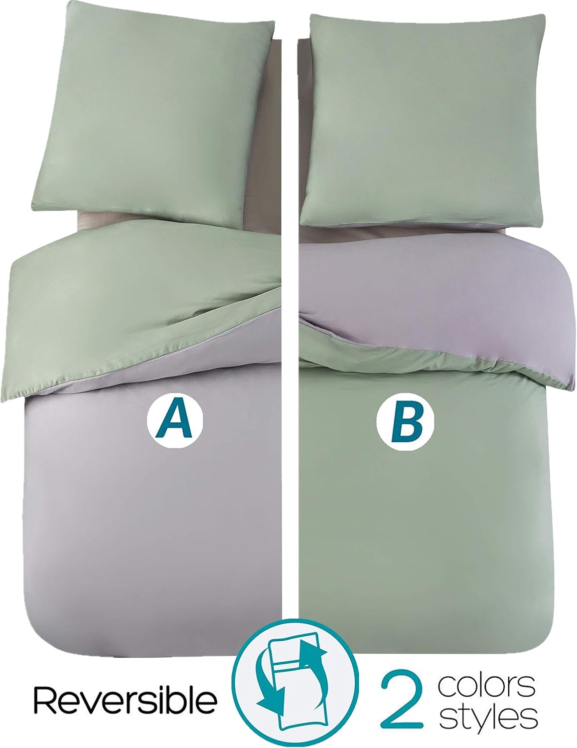 AYSW Reversible Duvet Cover 200x200 / 80x80x2 cm Green + Grey Two-Tone Bedding Set for 2 Persons Zipper Duvet Cover Sets 5