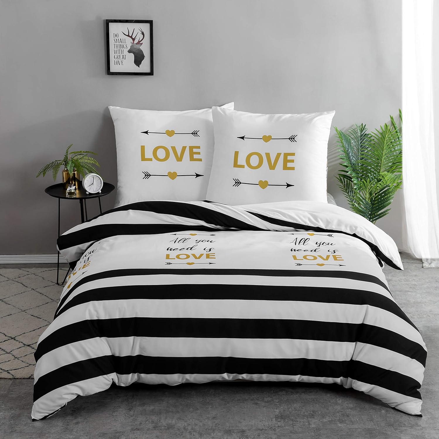 2-piece microfiber bedding 135x200cm +1 pillowcase 80x80cm Horizontal Black-white Stripes Love 7