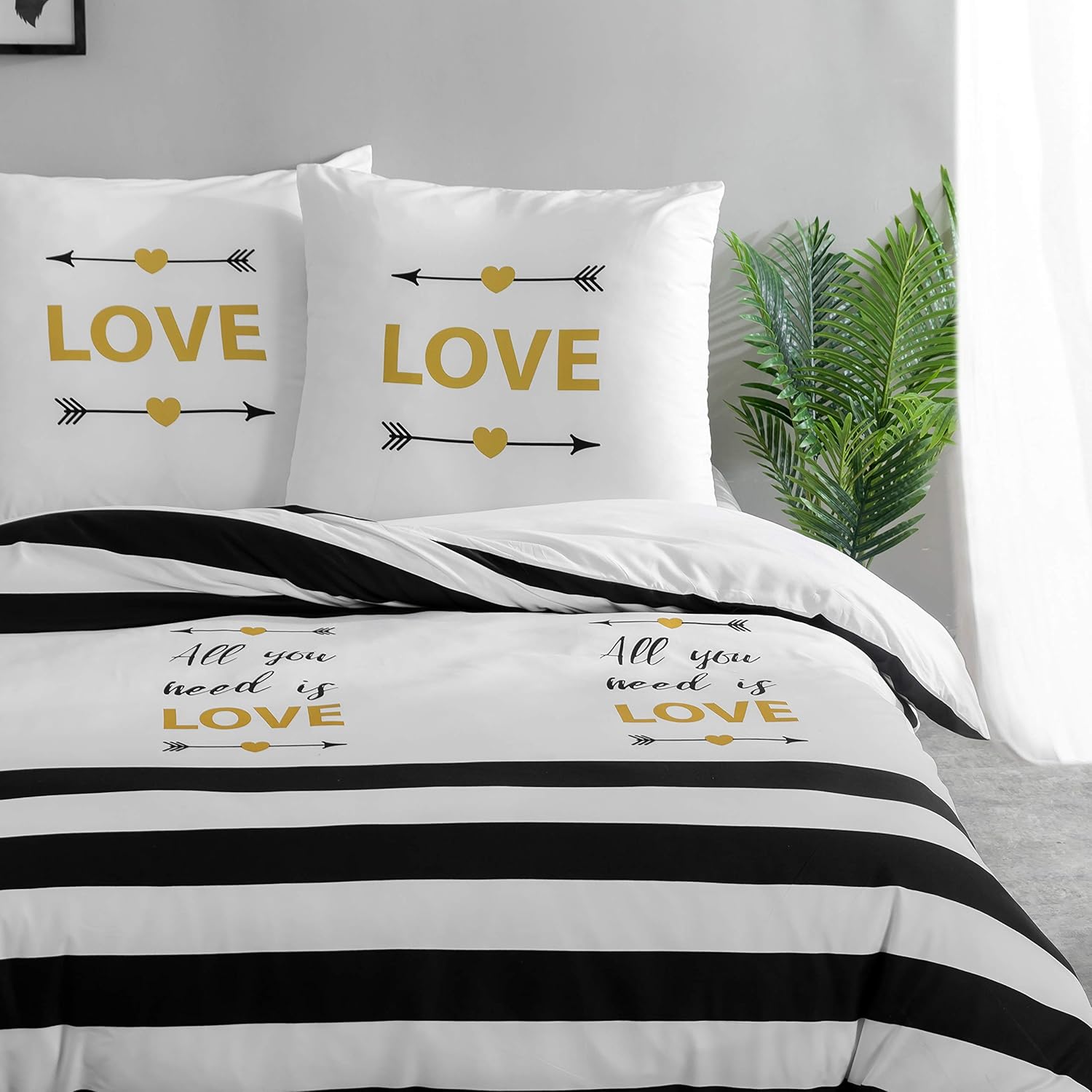 2-piece microfiber bedding 135x200cm +1 pillowcase 80x80cm Horizontal Black-white Stripes Love 2