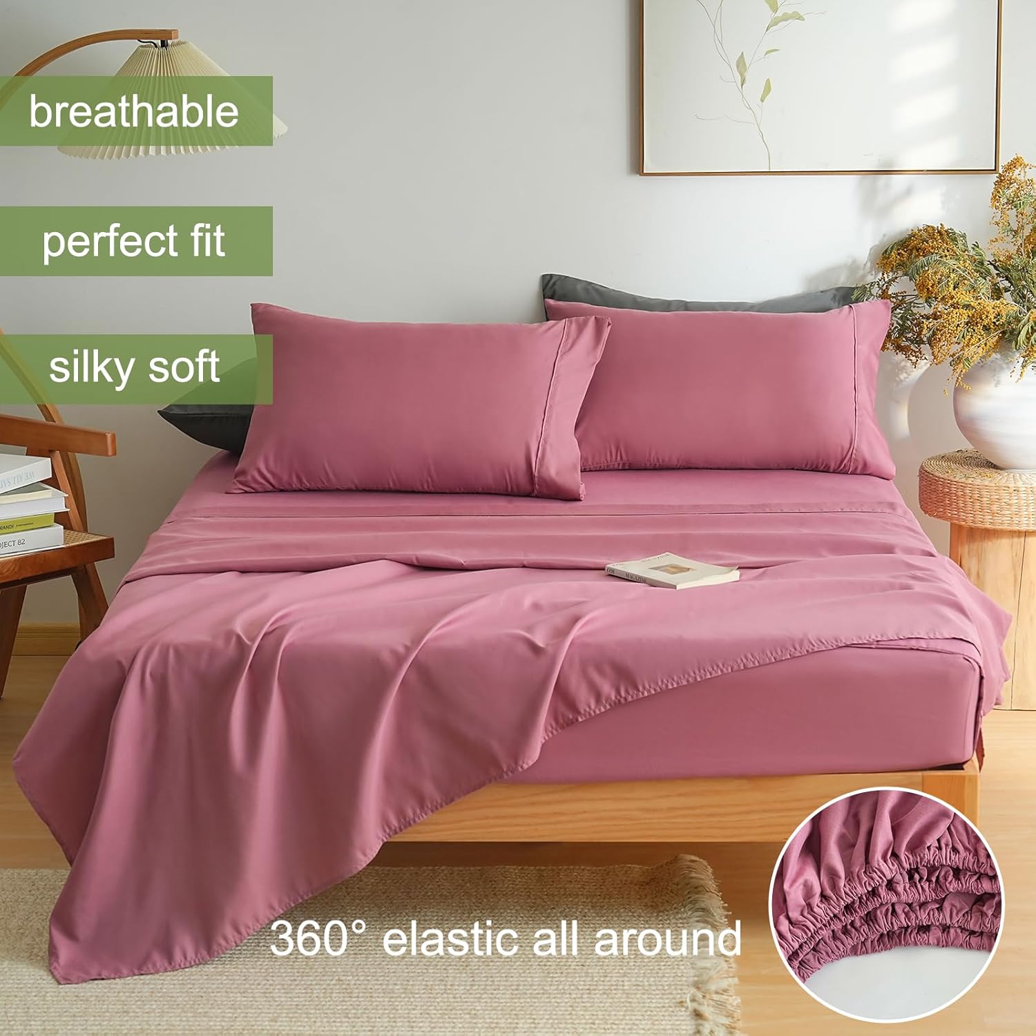 AYSW Bettlaken-Set 4 Teile Double Brushed Microfiber 1800 - Atmungsaktiv für jede Jahreszeit Luxuriös Weiche Bettwäsche - Full Vintage Pink 2
