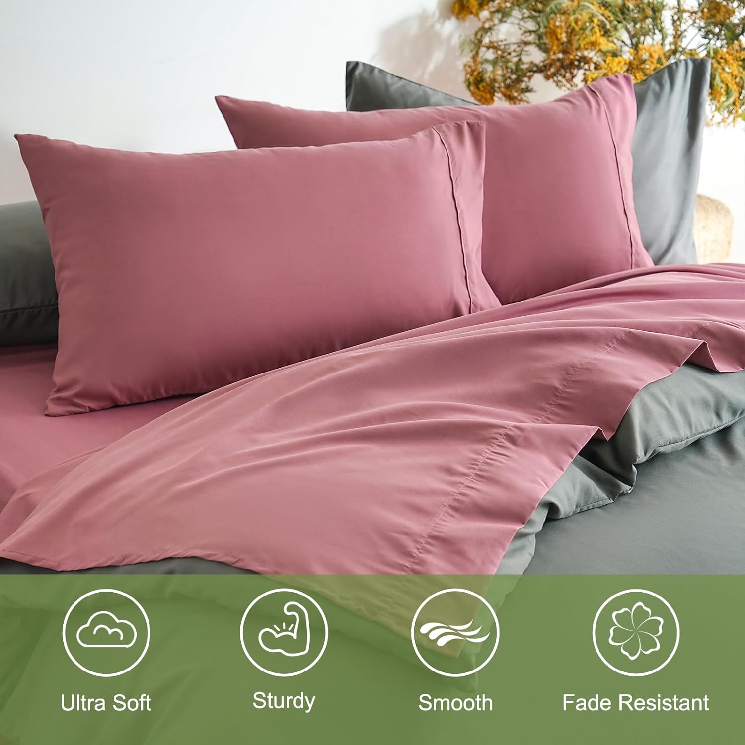 AYSW Bettlaken-Set 4 Teile Double Brushed Microfiber 1800 - Atmungsaktiv für jede Jahreszeit Luxuriös Weiche Bettwäsche - Full Vintage Pink 6