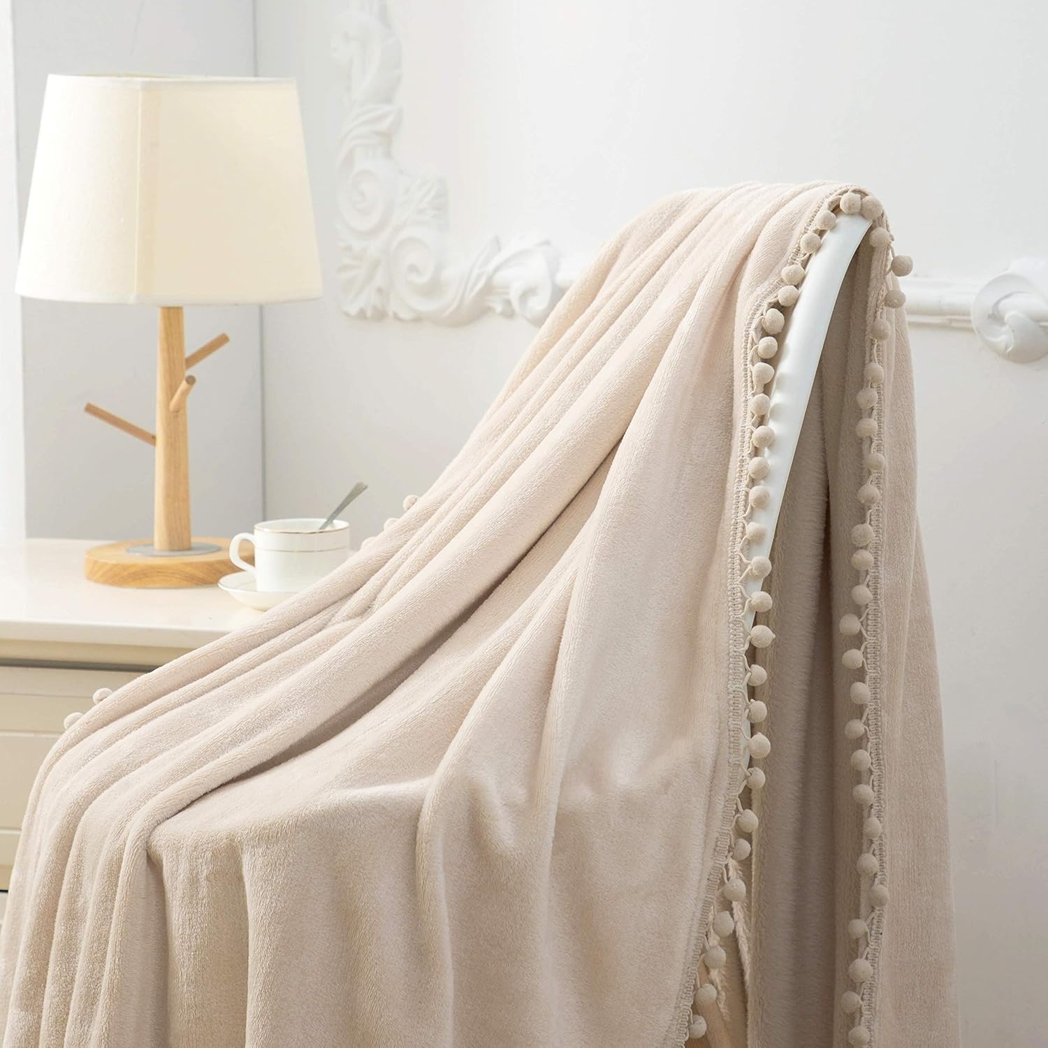 Flannel Fleece Throw Blankets Double 150x200cm Fluffy Ball Warm Bed Throw for Sofa with Small Pompom Beige 6