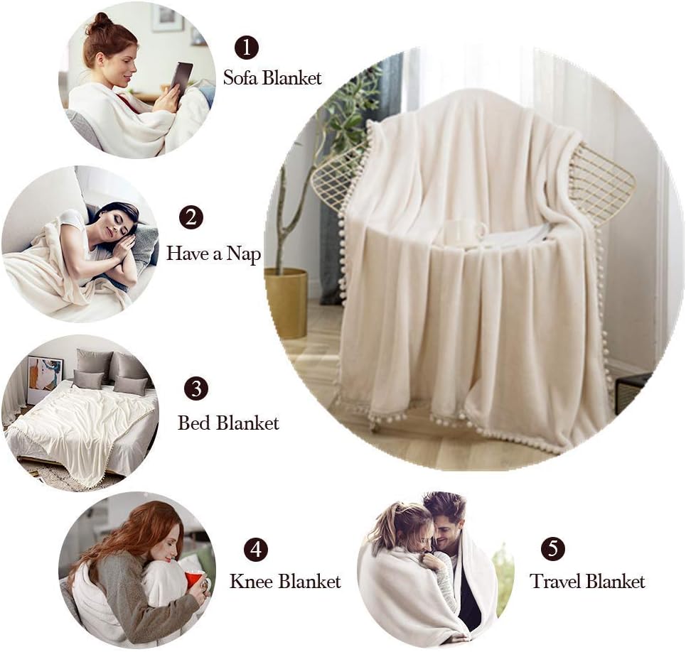 Flannel Fleece Throw Blankets Double 150x200cm Fluffy Ball Warm Bed Throw for Sofa with Small Pompom Beige 4