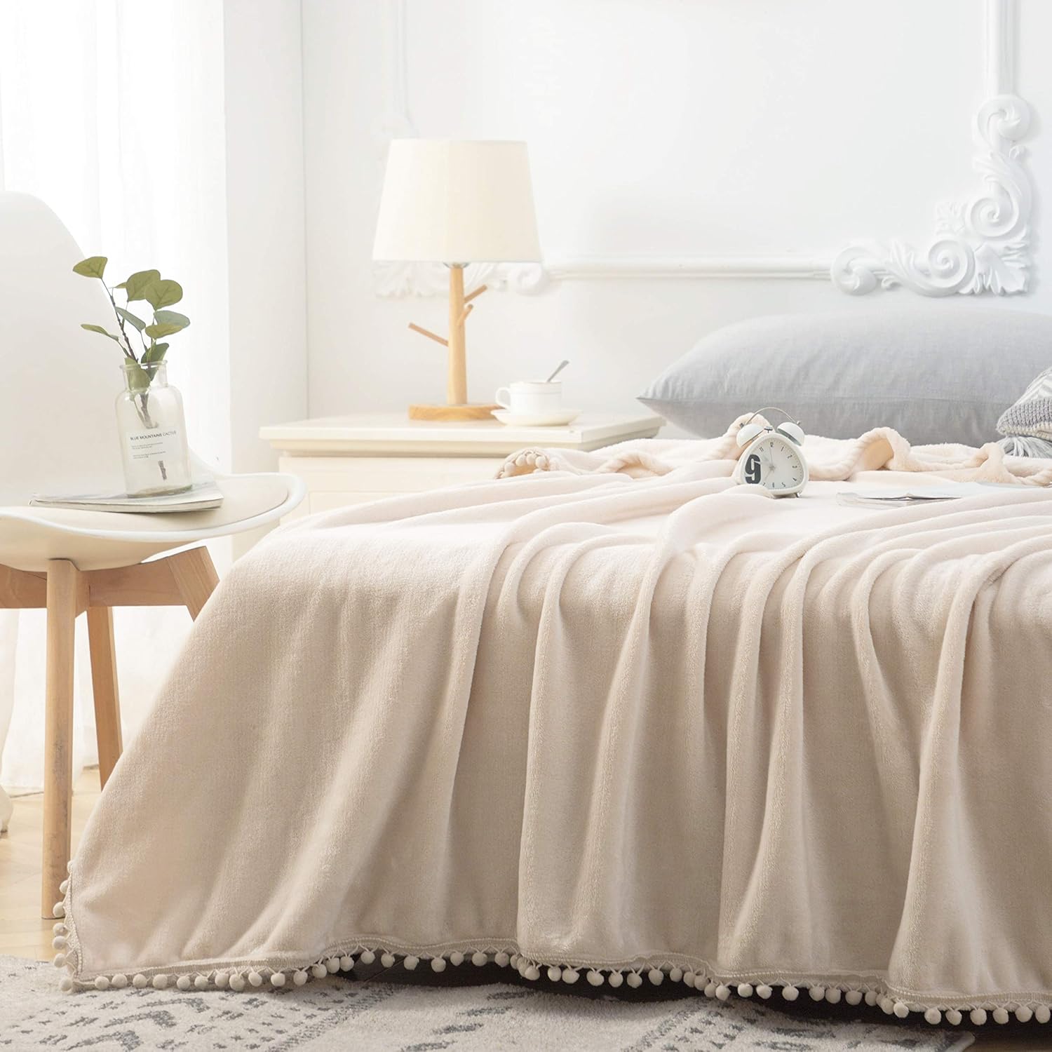 Flannel Fleece Throw Blankets Double 150x200cm Fluffy Ball Warm Bed Throw for Sofa with Small Pompom Beige 2