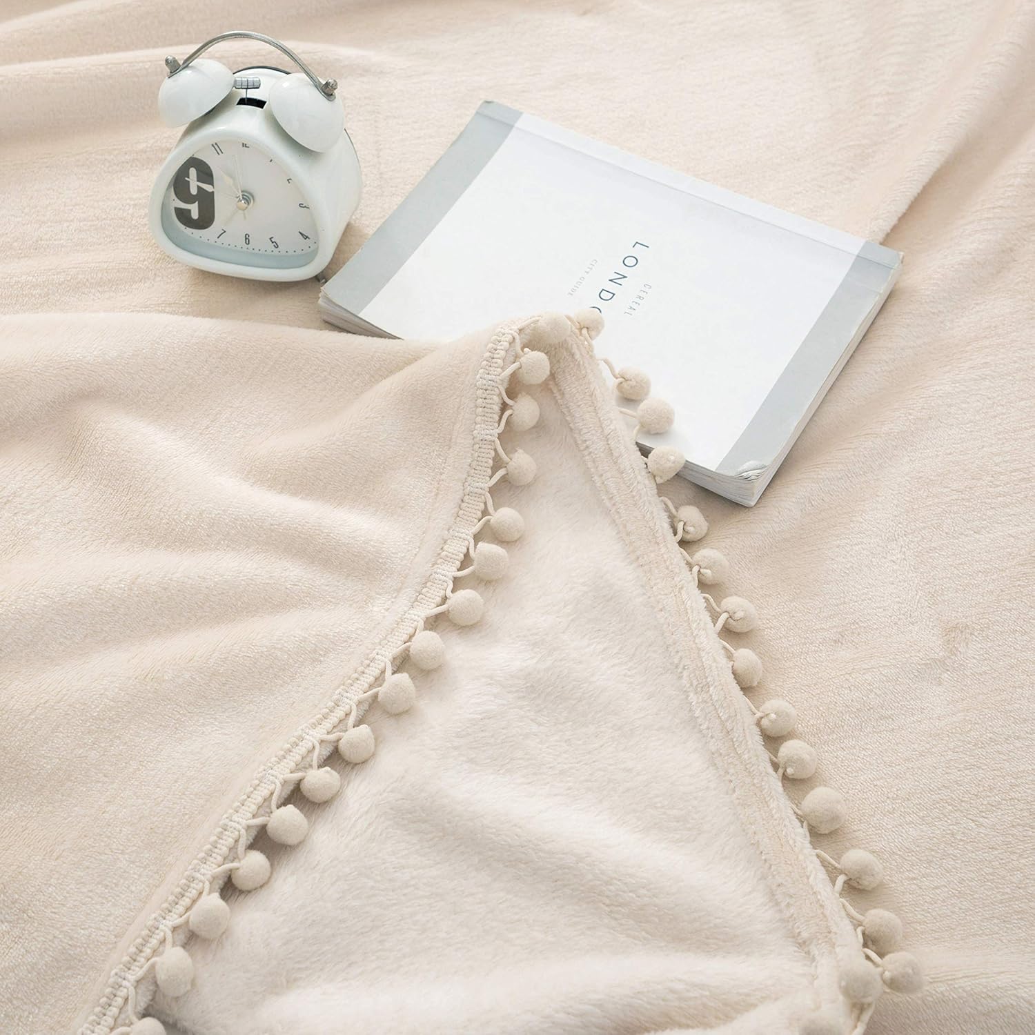 Flannel Fleece Throw Blankets Double 150x200cm Fluffy Ball Warm Bed Throw for Sofa with Small Pompom Beige 3
